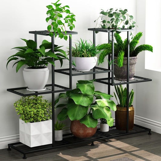 Metal Plant Stand, 5 Tiers Multifunctional Plant Stands for Indoor Plants, Decorative Black Steel Plant Shelf for Indoor Patio Garden Balcony and Yard (4 tiers 12 pots)