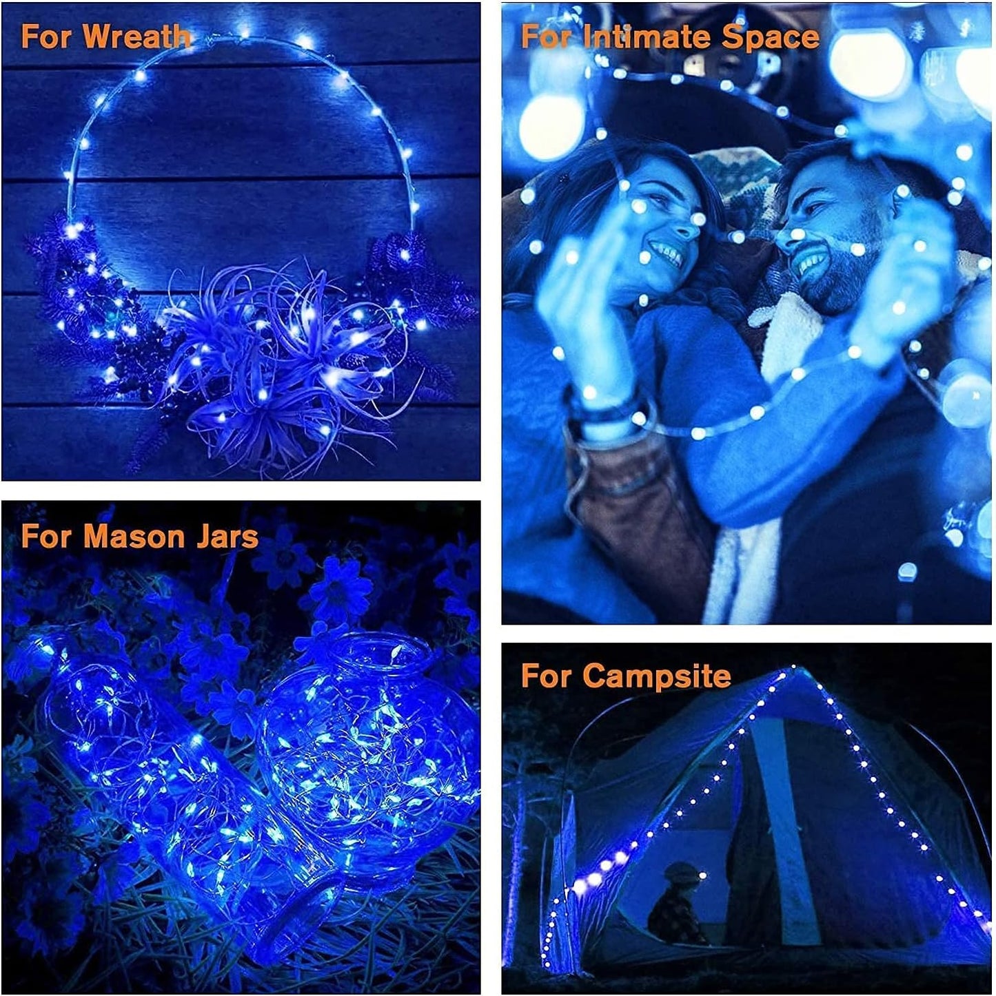 QITONG Blue Solar Fairy Lights, 4 Pack Each 33ft 100 LED String Lights Outdoor Waterproof, 8 Modes Silver Wire Twinkle Mini Lights