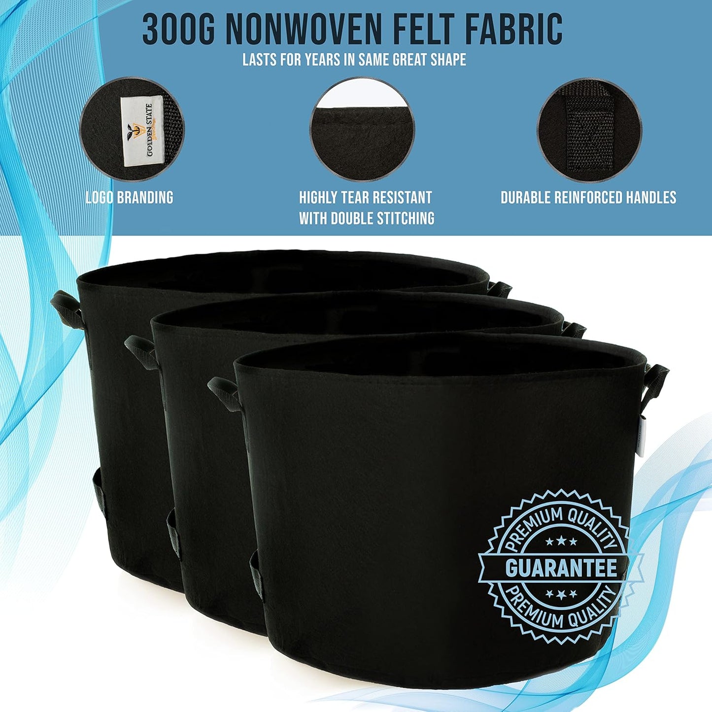 Grow Bags: 5-Pack (Size: 2 Gallon): 300gsm Black Felt Fabric, Biodegradable and eco-Friendly Material. (Handles + Dumping Handles-pat.Pend).