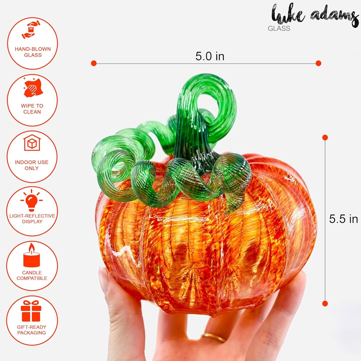 Luke Adams Glass Handmade Glass Pumpkins Table Top Home Decor (Squat, Orange)