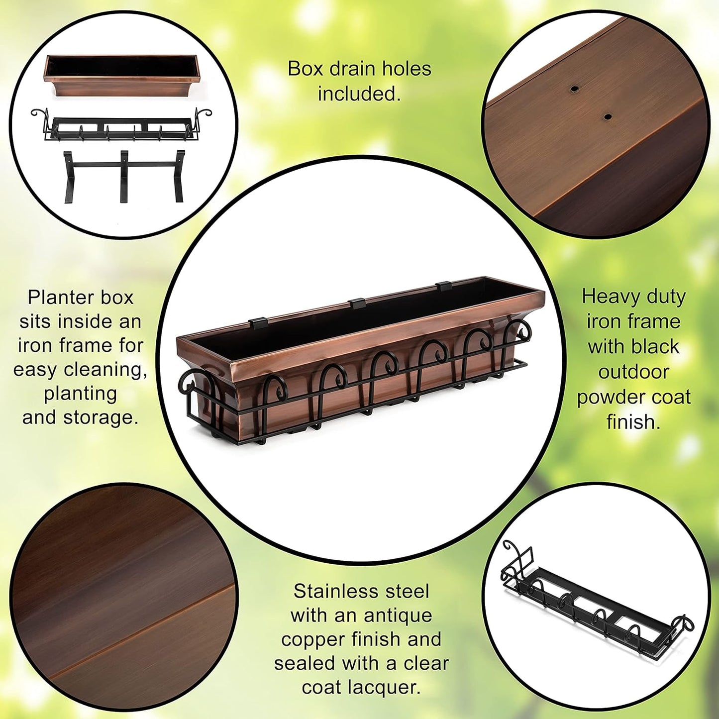 H Potter Window Planter Box Copper Outdoor Flower Plant Container for Windows Attach to House Deck Balcony Long Rectangular Shape 36 Inch Length