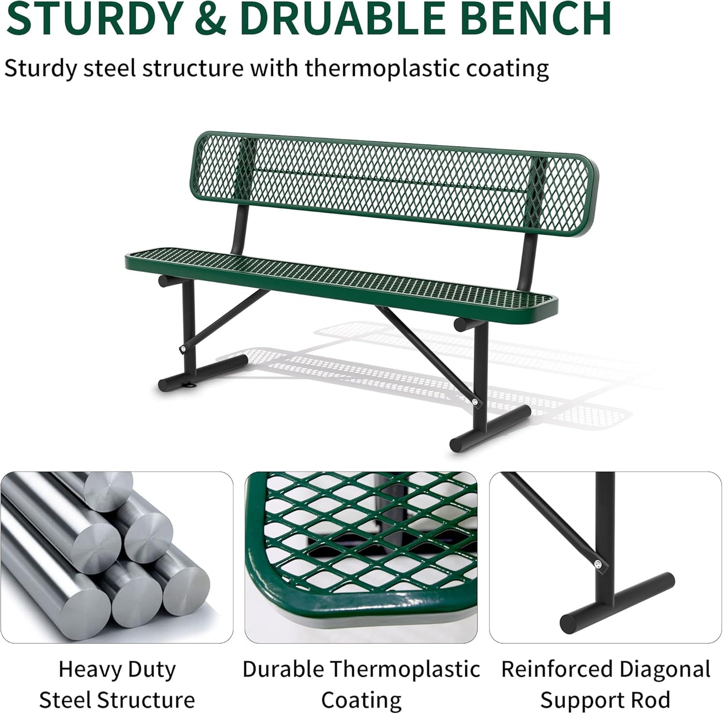 6 Feet Heavy Duty Metal Park Bench for Outside, Outdoor Bench with Backrest & Portable Frame, Commercial Benches for Shopping Malls, Stores, Parks, Patios, Decks, Green
