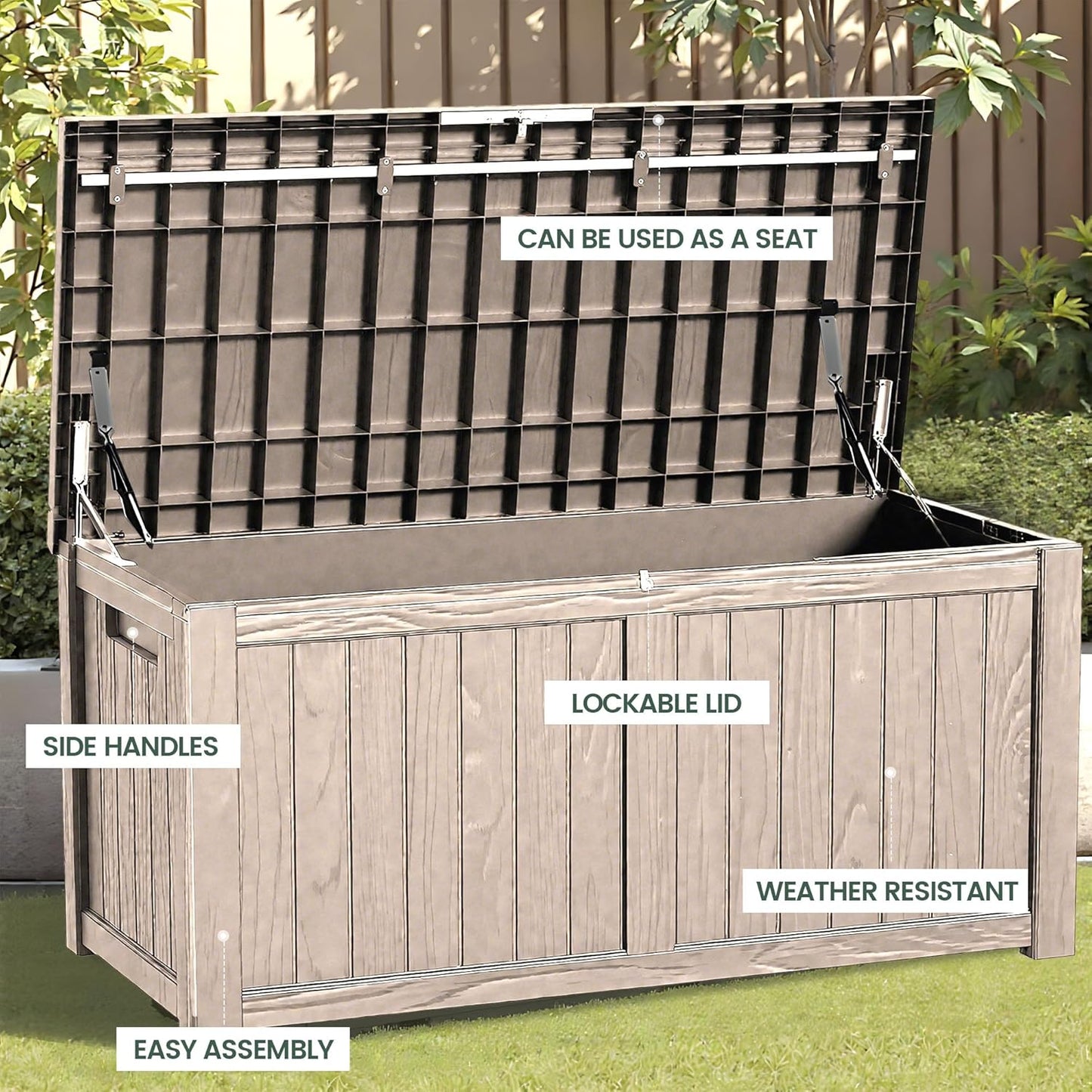 120 Outdoor Storage Box, Waterproof Resin Deck Box for Indoor & Outdoor Use, Lockable Storage Bench with Piston Hinge, Storage Bin for Patio Cushions, Garden Tools, Package Delivery, Grey