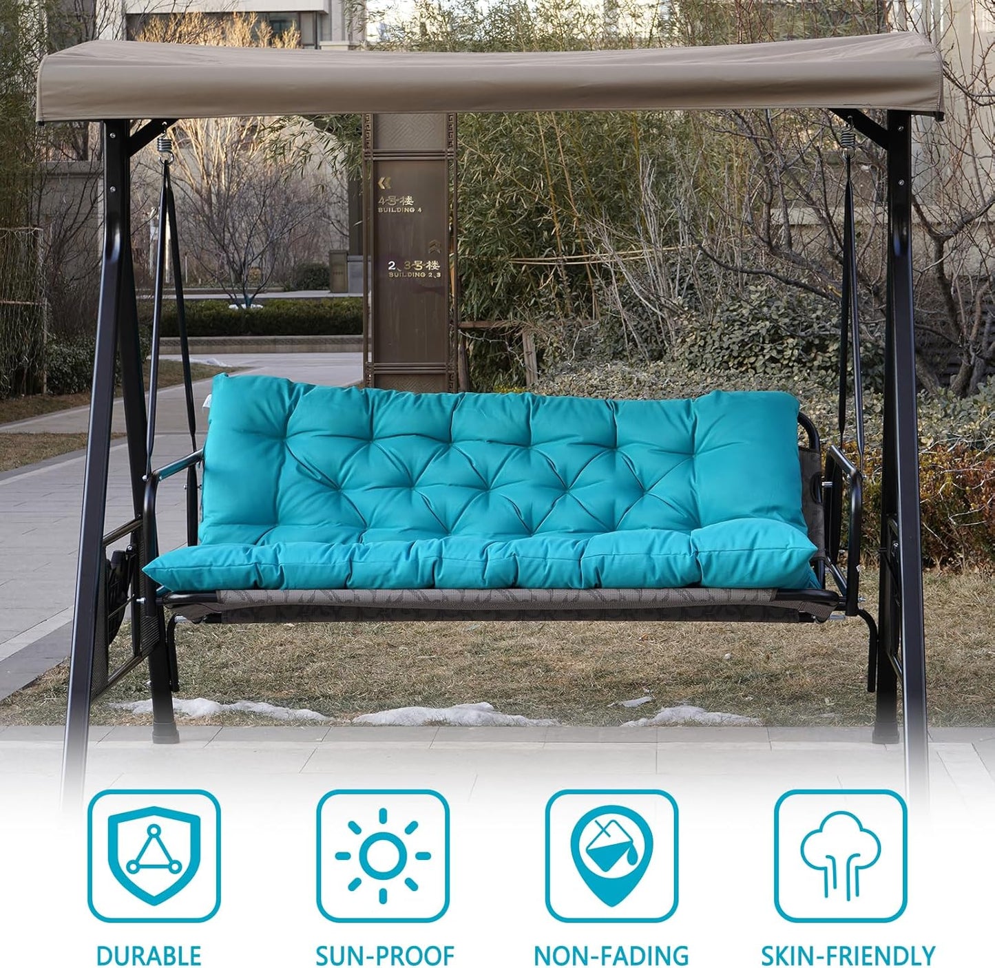 Outdoor Swing Cushions,Waterproof Swing Cushions 3 Seater Replacement with Backrest,Outdoor Thickened Bench Cushion with Ties for Porch,Patio,Backyard,Garden (Lake Blue 60 * 40 in)