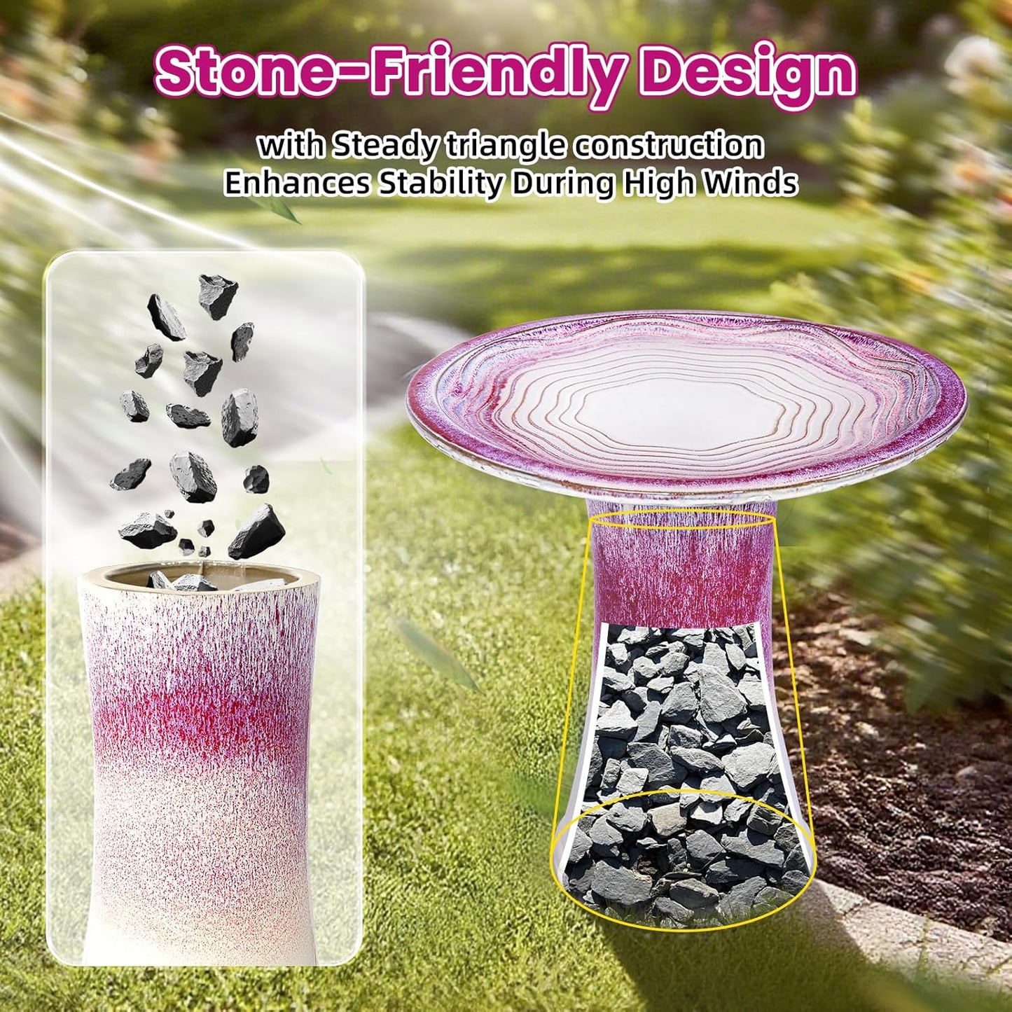 Ceramic Bird Bath for Outdoors – 18" H Birdbath Tool-Free Assembly, Hand-Glazed Earthenware with Non-Slip Bowl, Weather-Proof Sturdy Pedestal Design, Garden Decor(Red)