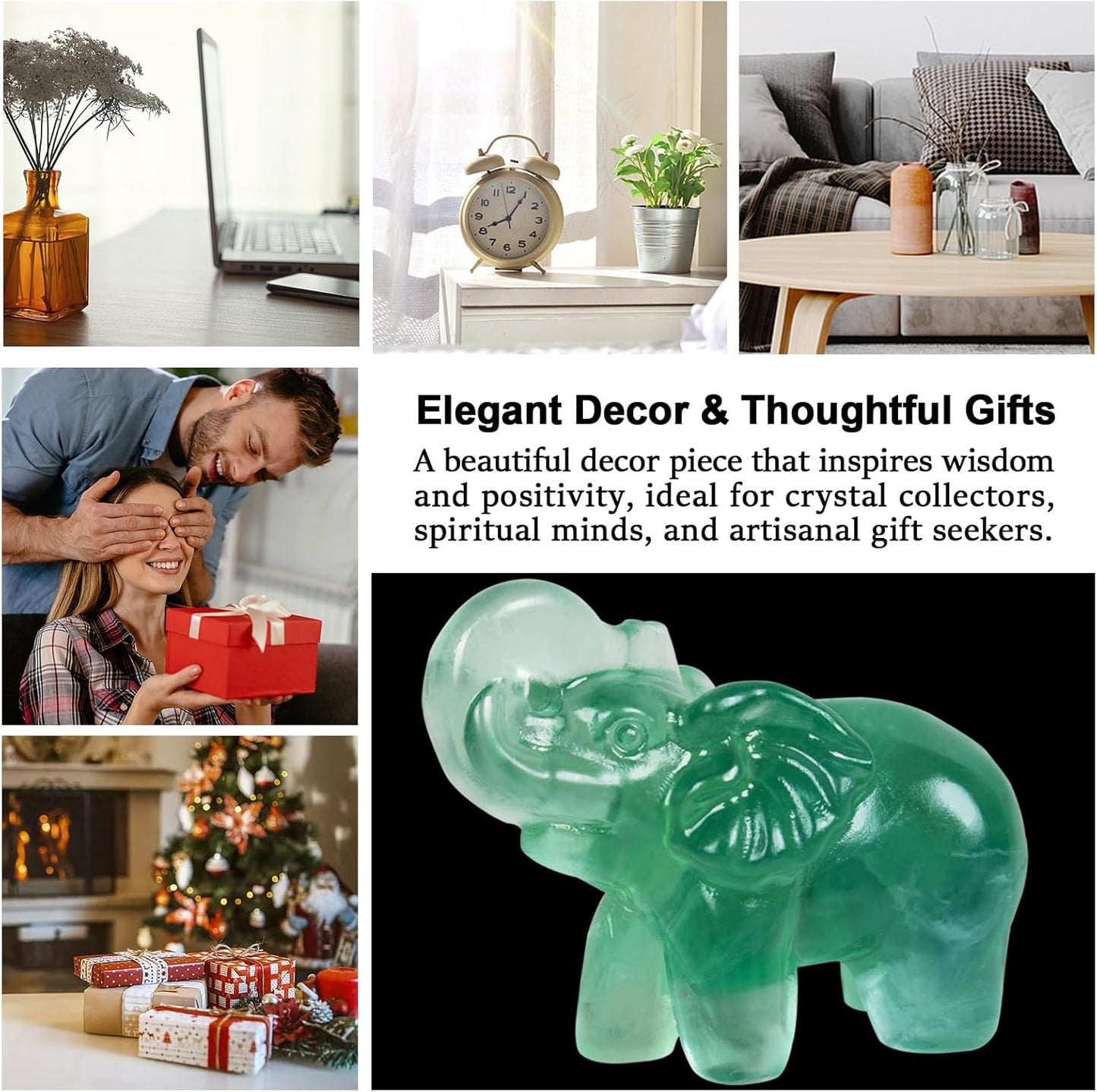 2 Inch Fluorite Crystal Elephant Sculpture Handcrafted Healing Stone Animal Figurine Spiritual Home Decor Lucky Charm Gift for Wealth Success Positive Energy and Meditation Lovers