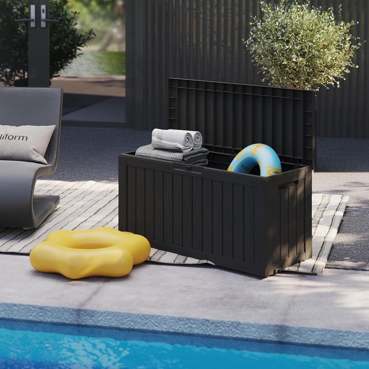 80GAL Black Resin Deck Box - Large Waterproof Storage for Patio Furniture, Pool Floats & Garden Supplies - Lockable, UV-Resistant for Backyards, Pool Decks