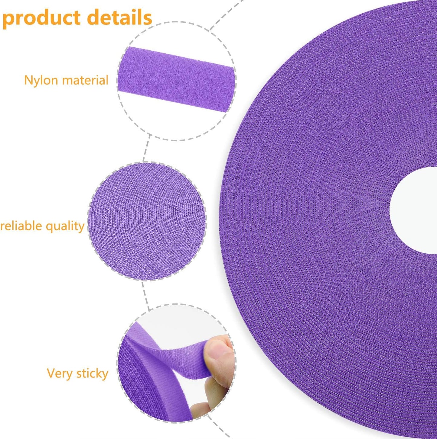 Reusable Fastening Tape Cable Ties 3/4 Inch Double Side Hook Roll (25 Yard, Purple)