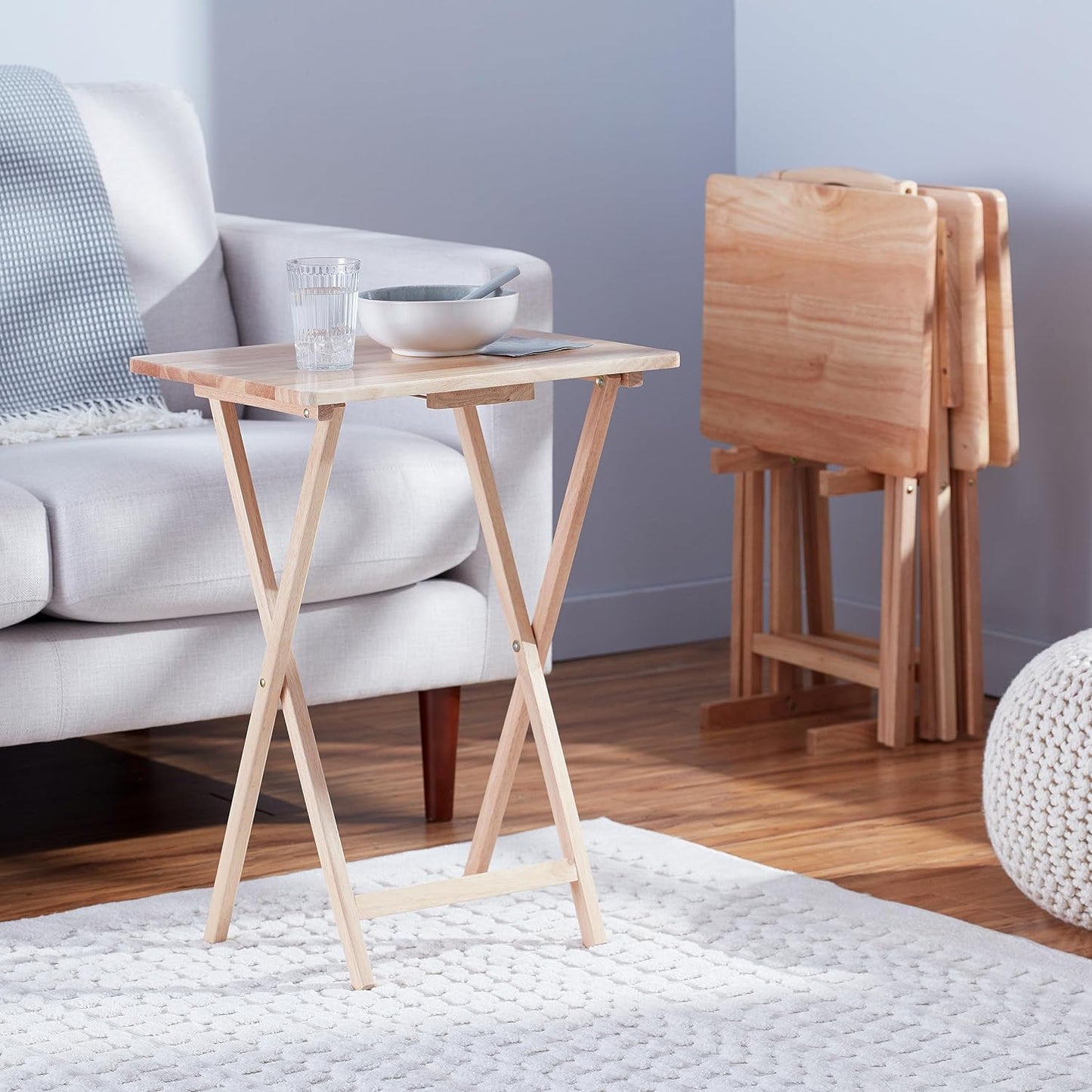 Amazon Basics Classic Foldable TV Dinner Tray Table with Storage Rack, 14.6 L x 19 W x 26 H inch, Natutral, 4-Pack