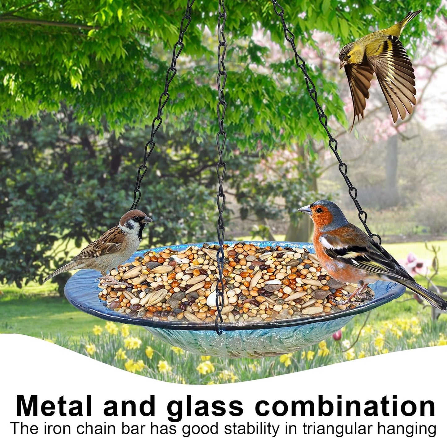 Hanging birdbath, Outdoor Glass birdbath, Bird Feeder with Blue-Orange Texture Pattern for Garden Patio Decoration