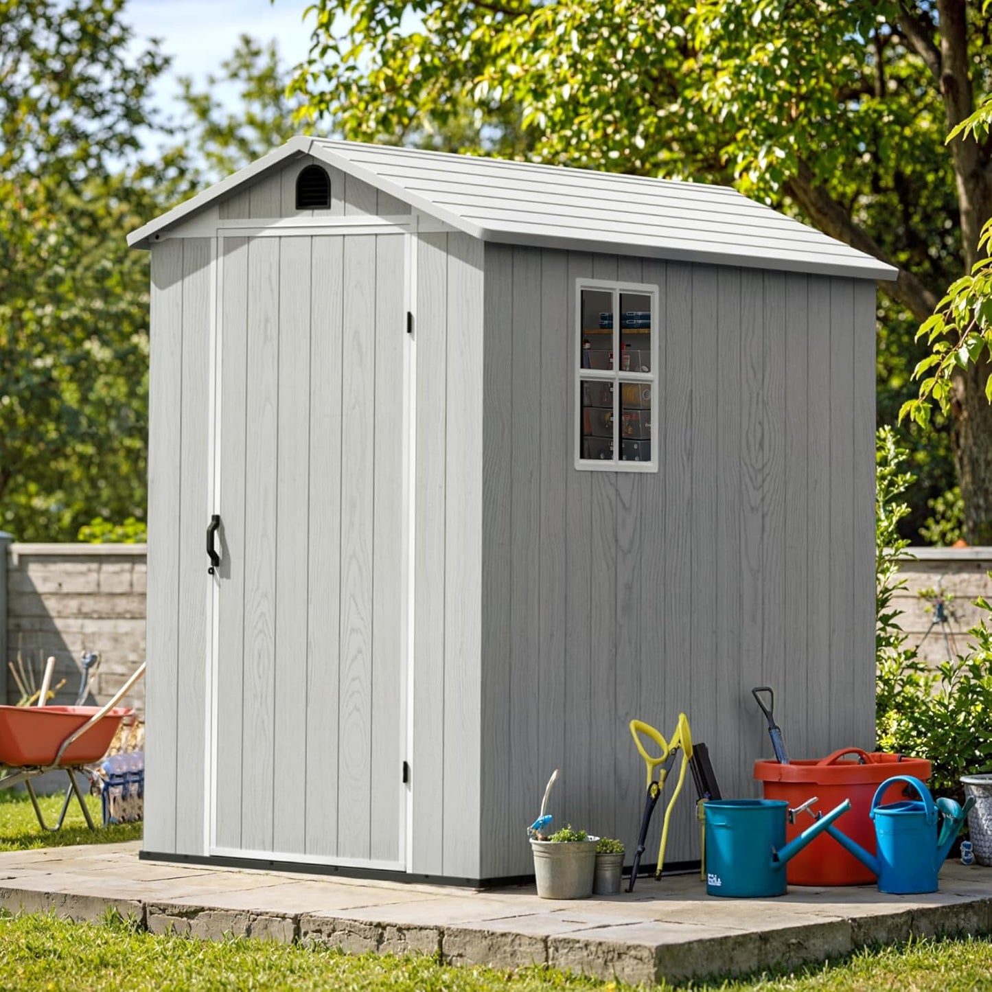 Greesum 4×6FT Plastic Outdoor Storage Shed with Floor, Resin Storaged Sheds with Lockable Door, Window & Vent, All-Weather Tool Sheds for Garden, Backyard, Patio, Light Gray (One-Piece Panel)