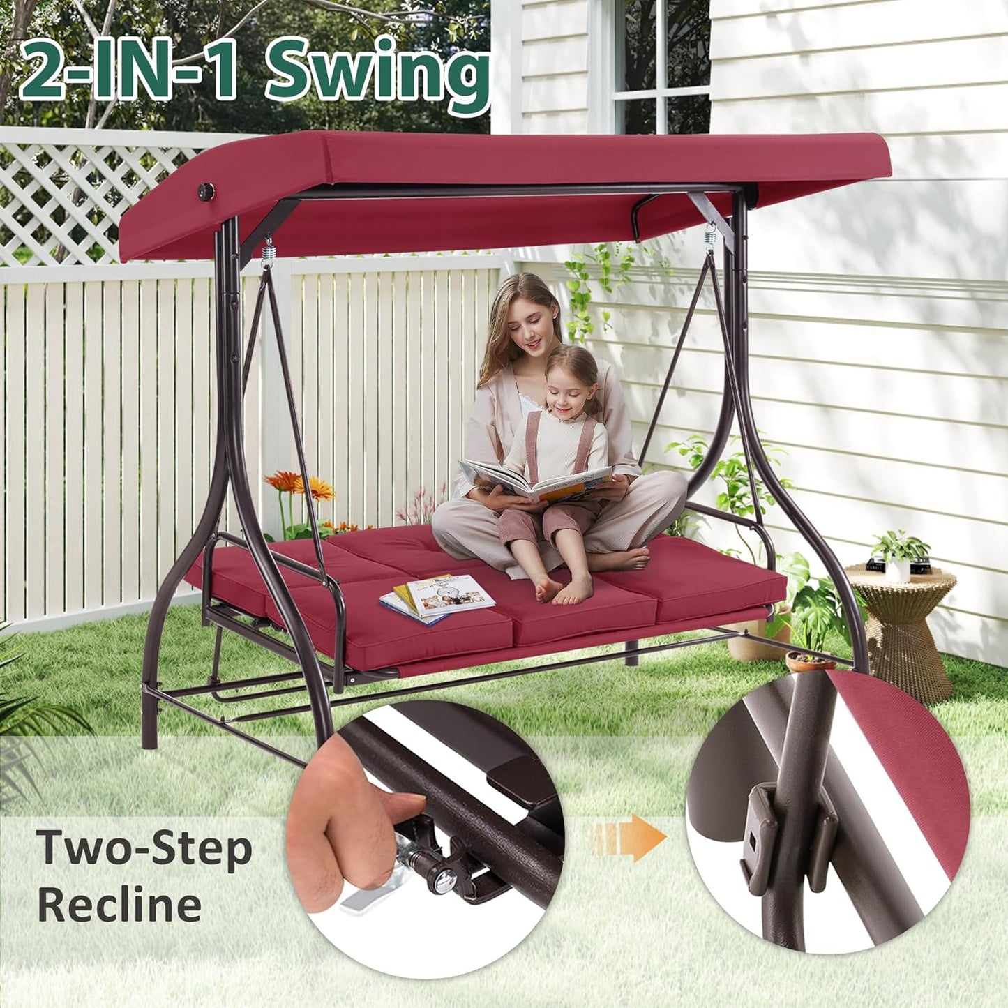 MCombo 3-Seat Outdoor Patio Swing Chair, 2-in-1 Convertible Porch Swing Glider Chair with Removable Cushions, Adjustable Canopy & Pillows for Backyard, Deck, Garden, 4068 (Burgundy)