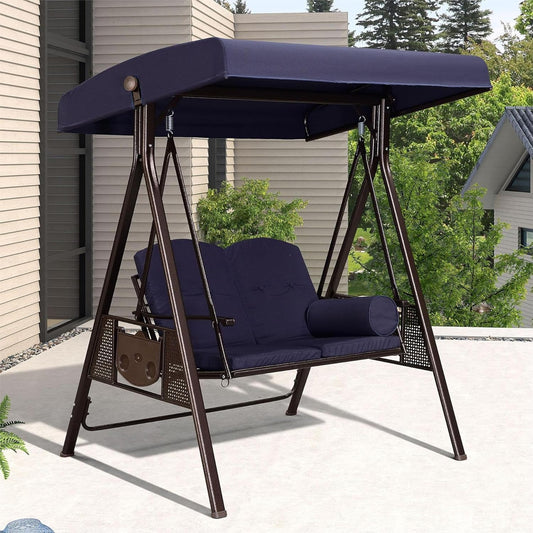 PURPLE LEAF 2-Seat Deluxe Outdoor Patio Porch Swing with Weather Resistant Steel Frame, Adjustable Tilt Canopy, Cushions and Pillow Included, Navy Blue