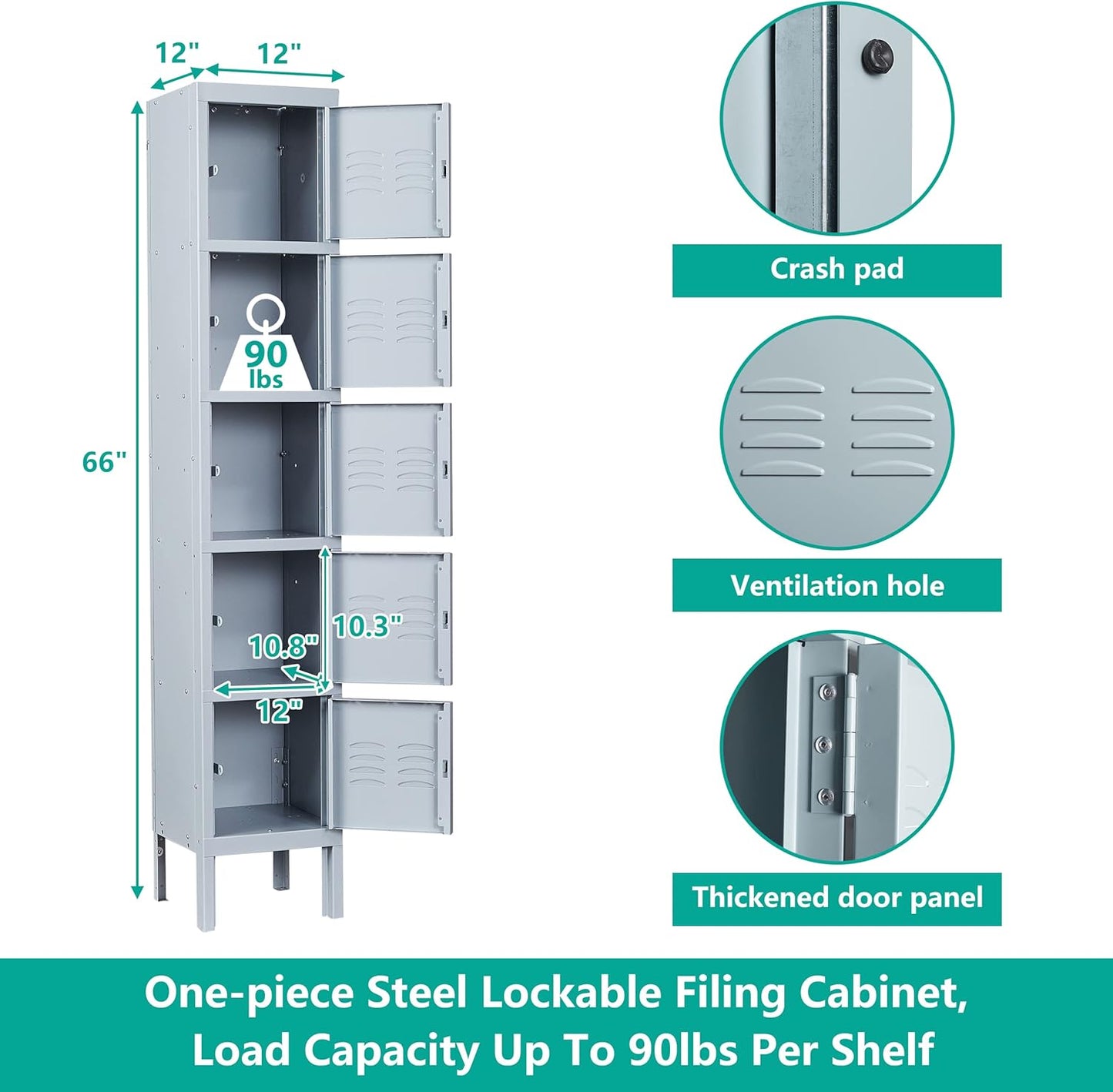 SISESOL Metal Locker for School,Metal Storage Lockers for Employees,Gray Steel Locker,5 Door Locker for Home,Office,Gym,Shop