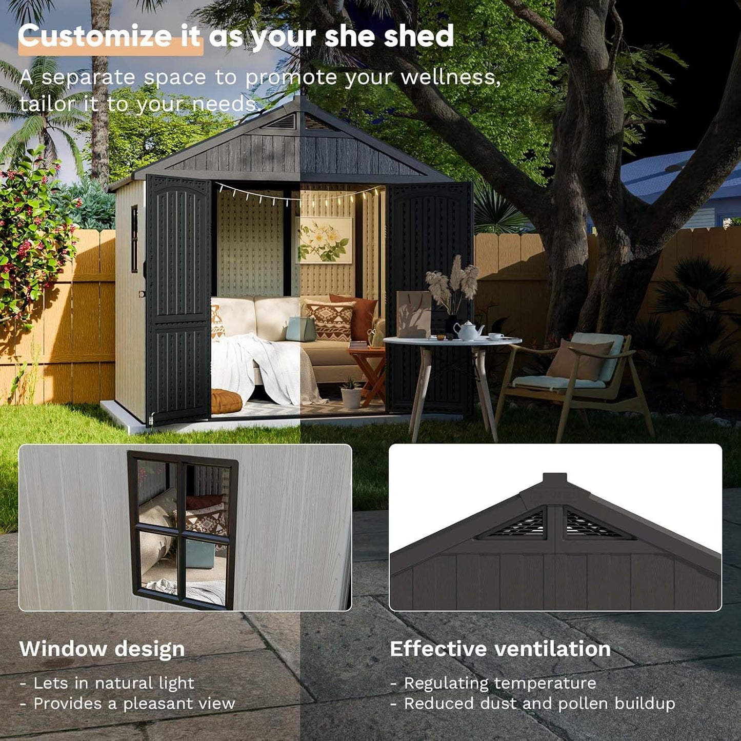 Patiowell 8 x 6 FT Plastic Outdoor Storage Shed with Floor, Resin Shed with Window and Lockable Door for Garden, Backyard, Tool Storage Use, Easy to Install in Beige (Kick-it Shed)