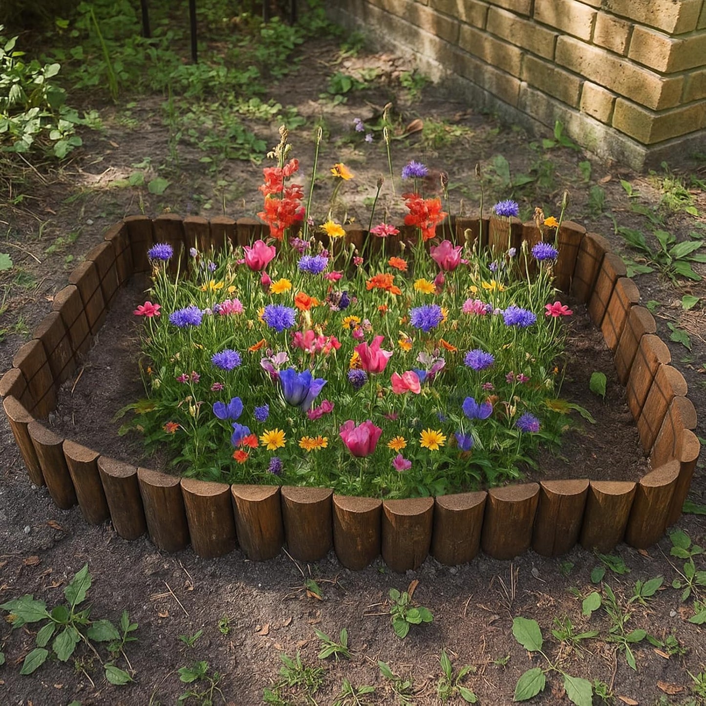 Wood Garden Edging for Landscaping – Staggered Half-Round Wooden Fence Border, Rustic Flower Bed Edging, Natural Pine, 7.9” x 4ft, Outdoor Garden Decor (2 Pack)