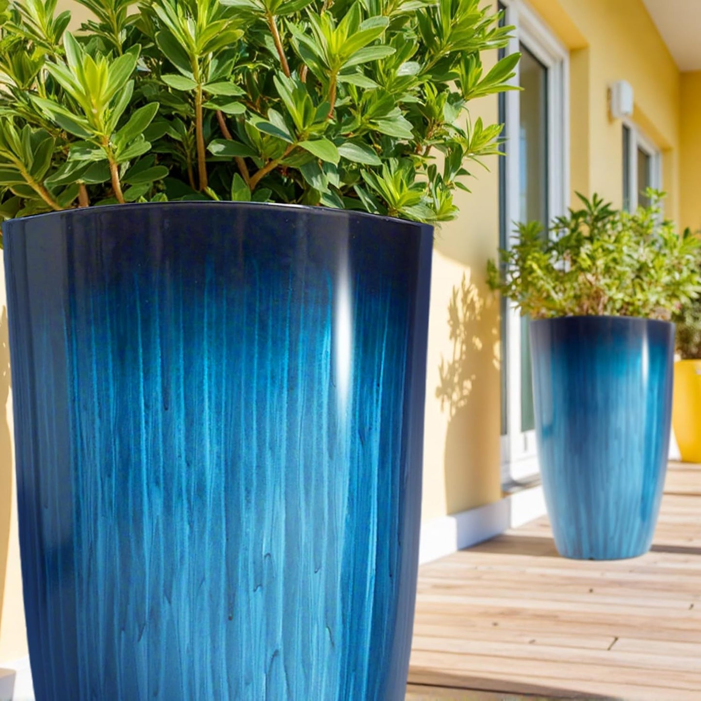 Worth Garden 20" H. Large Plastic Planters - Set of 2 Gradient Blue Glossy Smooth Finish - Tall Plant Pots for Indoor & Outdoor Use - Decorative Lightweight Flower Pots for Front Porch, Patio, Deck