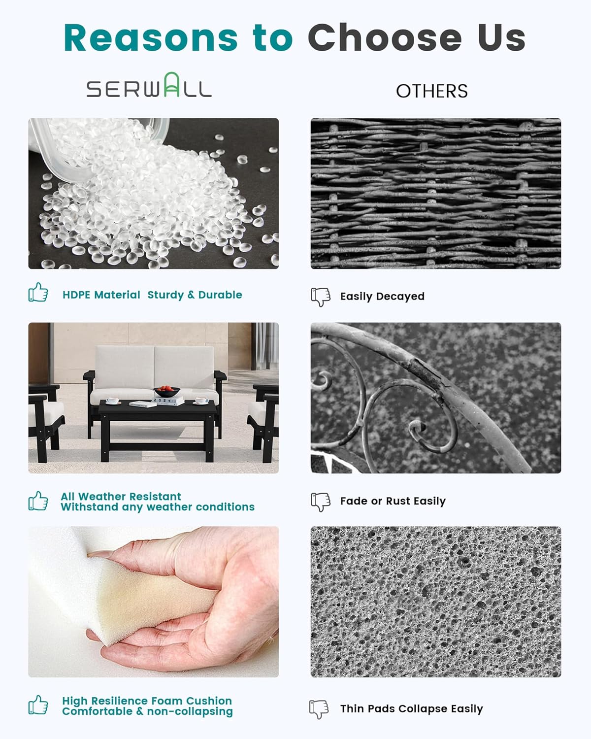 SERWALL HDPE Outdoor Couch Set of 2, All-Weather Wood-Like Outdoor Patio Furniture Set, Black Outdoor Sofa Chairs with Khaki Cushions