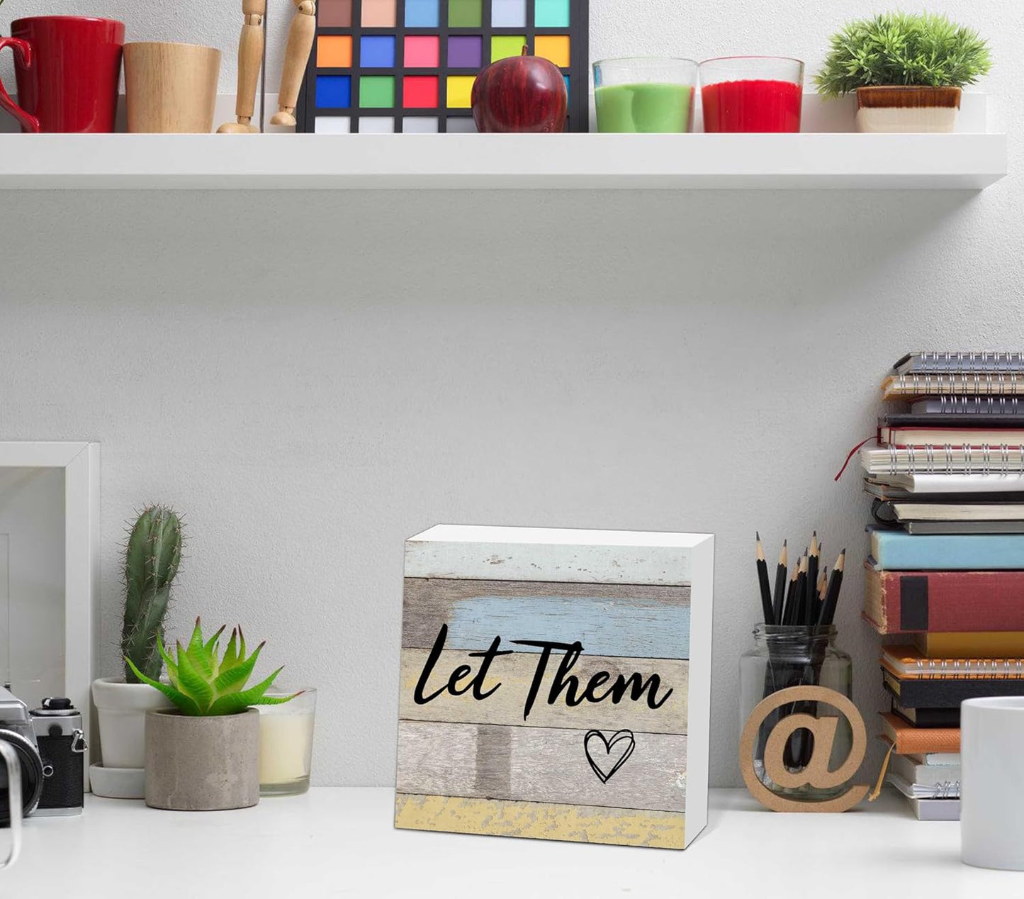 Let Them Wooden Sign, Office Decorations for Work, Let Them Mental Health Rustic Wood Box Signs 5x5 Inch, Desk Shelf Tabletop Decor for Home Cubicle Decor, Office Gifts for Coworkers Women, 15