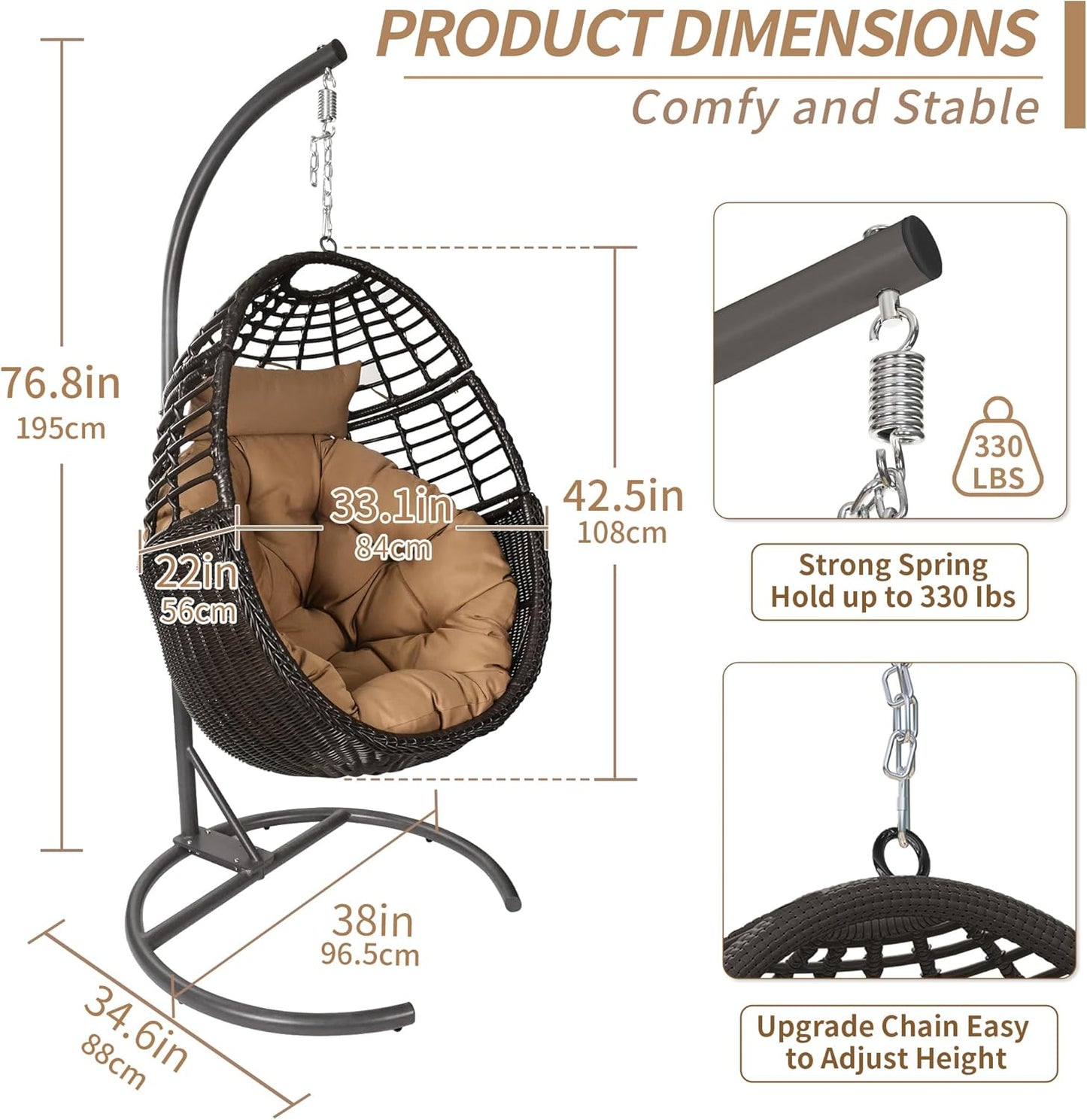 TWT Egg Swing Chair with Stand Rattan Wicker Hanging Egg Chair for Indoor Outdoor Bedroom Backyard Hammock Egg Chair with Metal Frame and UV Resistant Cushion 330lbs Capacity-Dark Brown