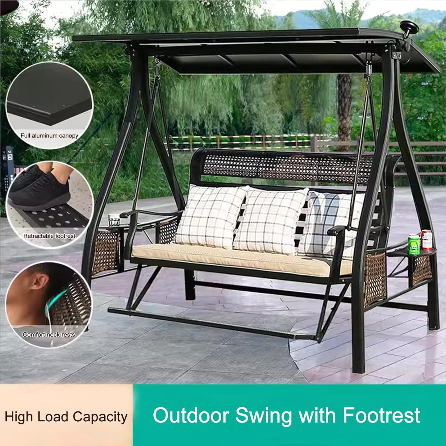 2/3-Seat Outdoor Patio Porch Swing with Adjustable Aluminum Alloy Canopy Solar Patio Swing Chair Bench with Footrest Side Cup Holder for Backyard Lawn (Himalaya-3 Seat)