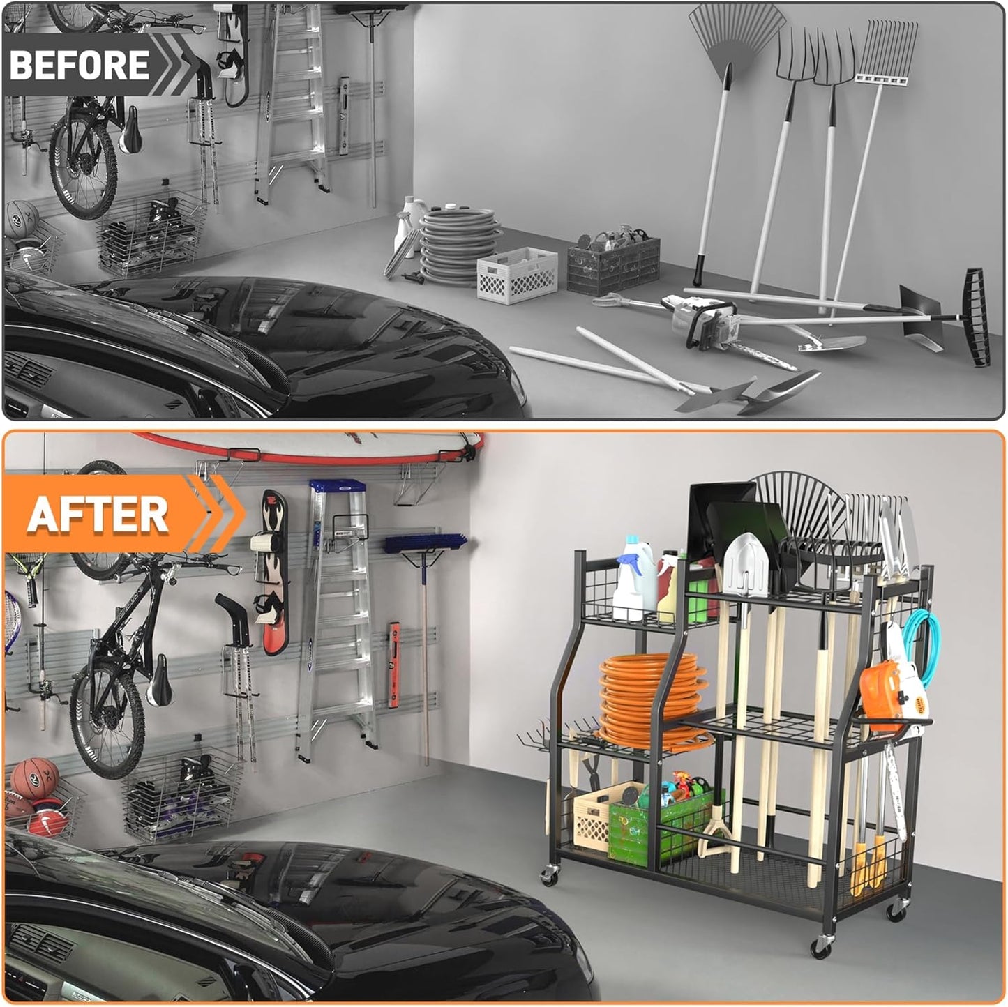 TORACK Garden Tool Organizer with Wheels, Rakes Shovels Yard Tools Stand for Garage, Shed, Garden, Indoor/Outdoor Long-Handled Tools Cart