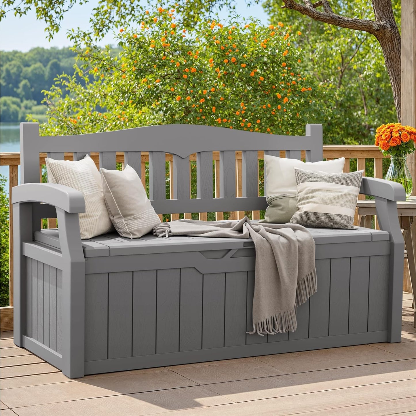 Greesum 80 Gallon Storage Bench Outdoor Deck Box with Armrest, Patio Furniture,Lockable, Waterproof and UV Resistant, Suitable for Garden, Pool, Grey