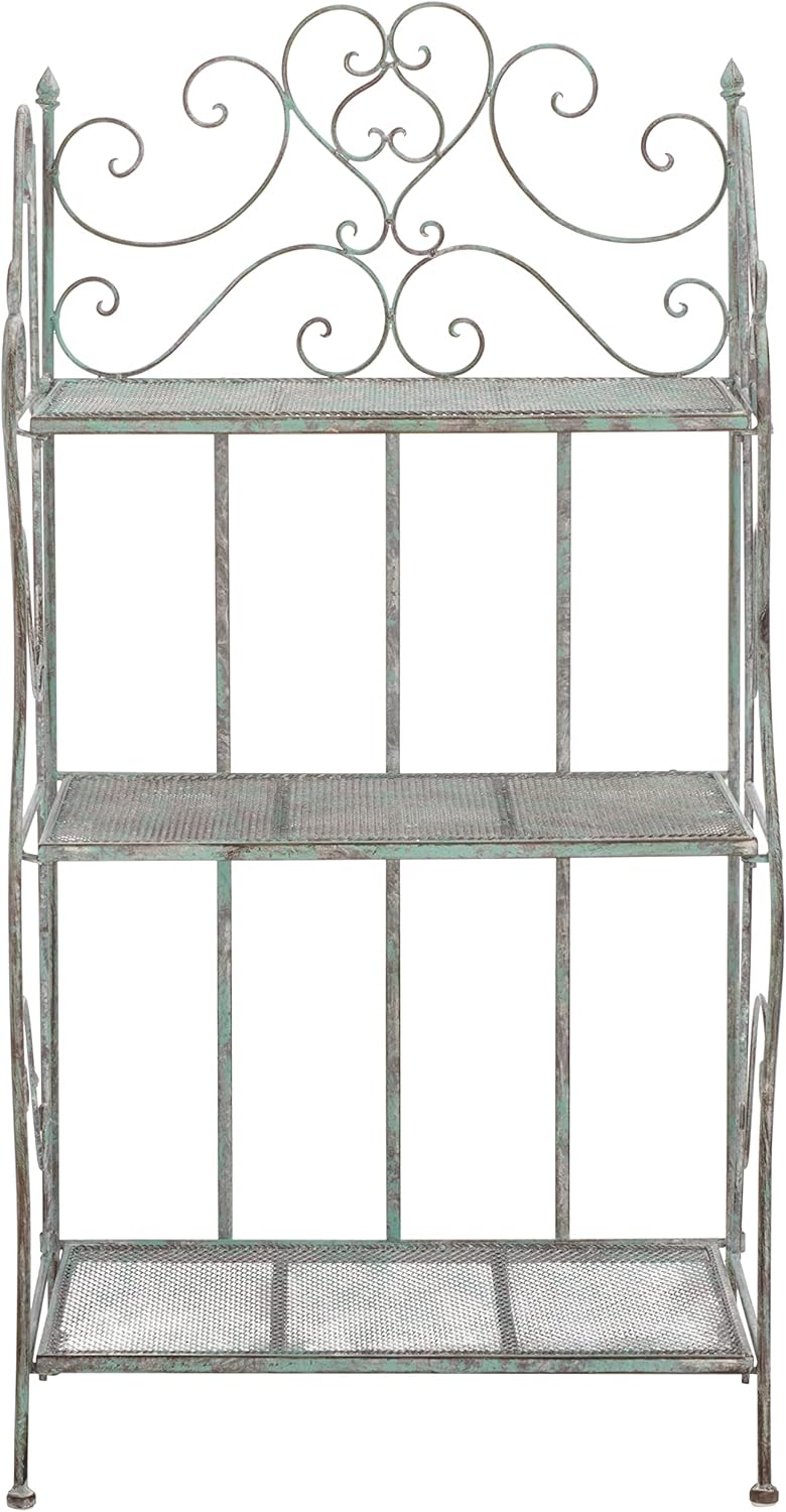 SAFAVIEH Outdoor Collection Torus Victorian Antique Dark Green Wrought Iron 3-Tier Shelf