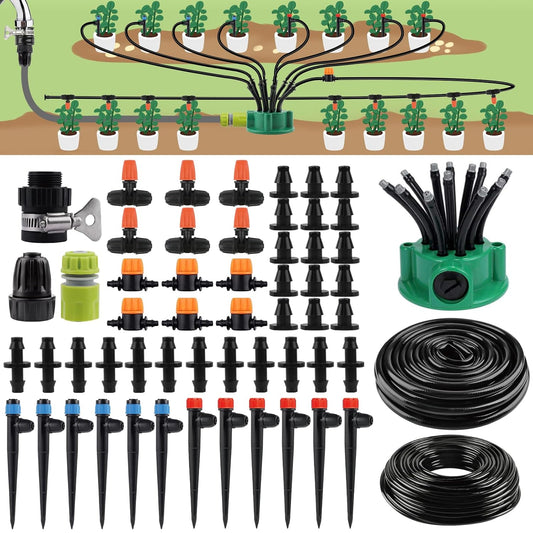 150FT Automatic Drip Irrigation Kit with Lawn Sprinkler, Kalolary 1/4" 1/2" Garden Watering System with 4/7mm 16mm Tube Locked Drip Irrigation Emitter Fittings Adjustable Sprinkler System for Outdoor