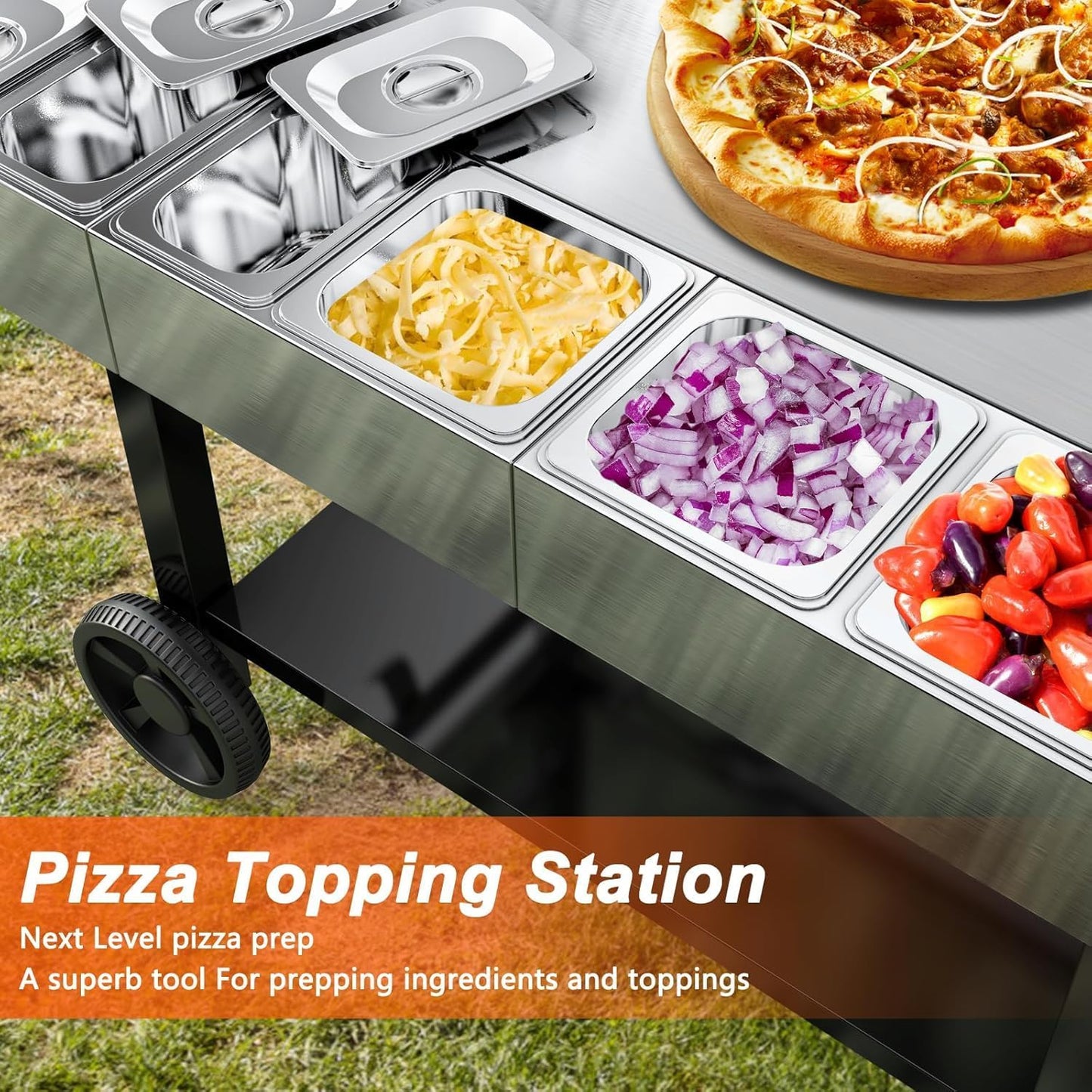 Pizza Oven Cart Table and Topping Station for Ooni Koda/Karu/Fyra 16 & 12, Movable Thicken & Widen Rolling Kitchen Cart, Outdoor Grill Stand for Ninja Woodfire,Blackstone Griddle