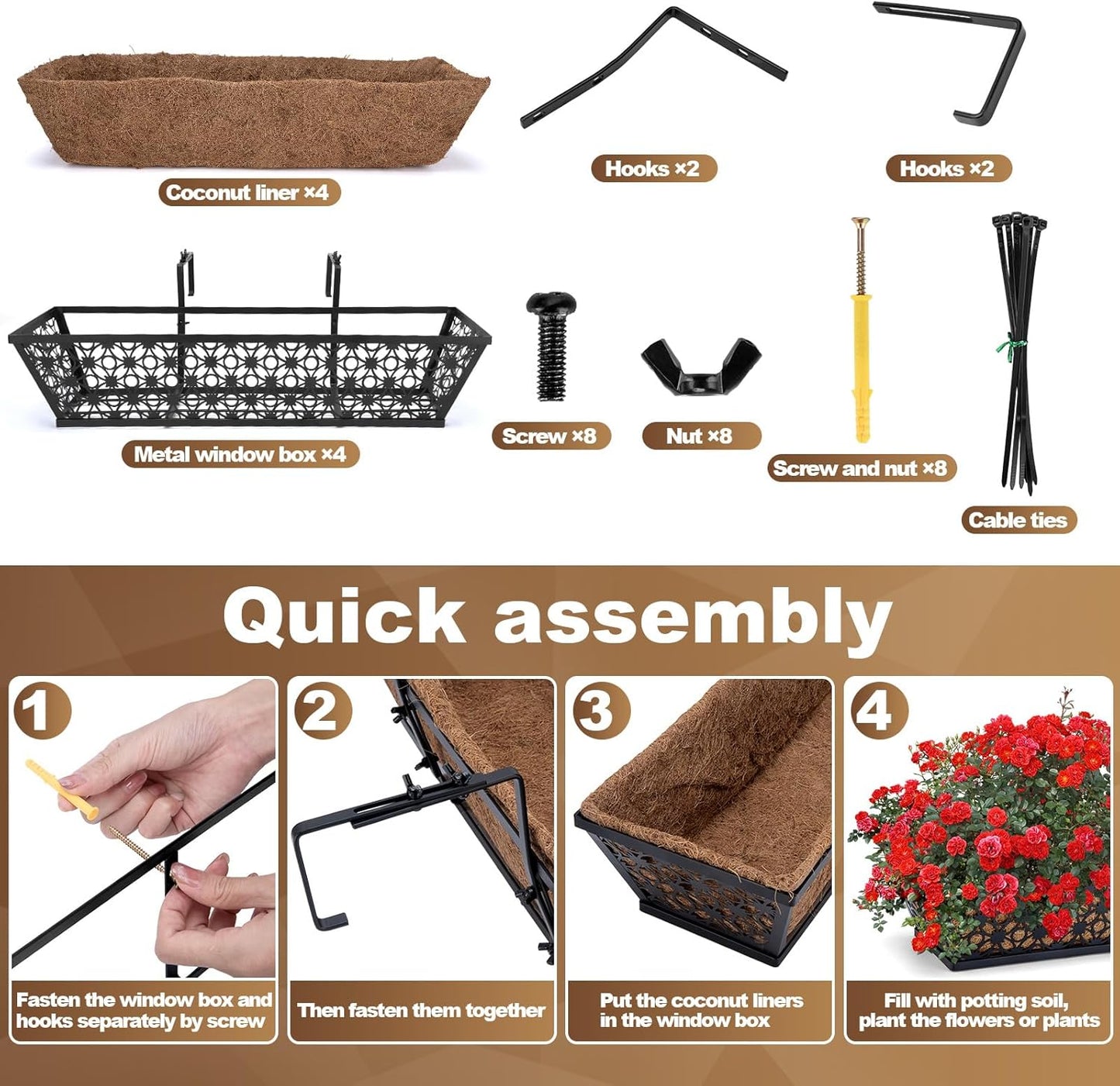 4 Pack 24 Inch Window Box Planters Outdoor,Deck Railing Planter Boxes with Coco Liner,Metal Hanging Window Flower Boxes for Balcony Fence Porch Garden Railing – Outdoor Window Flower Box