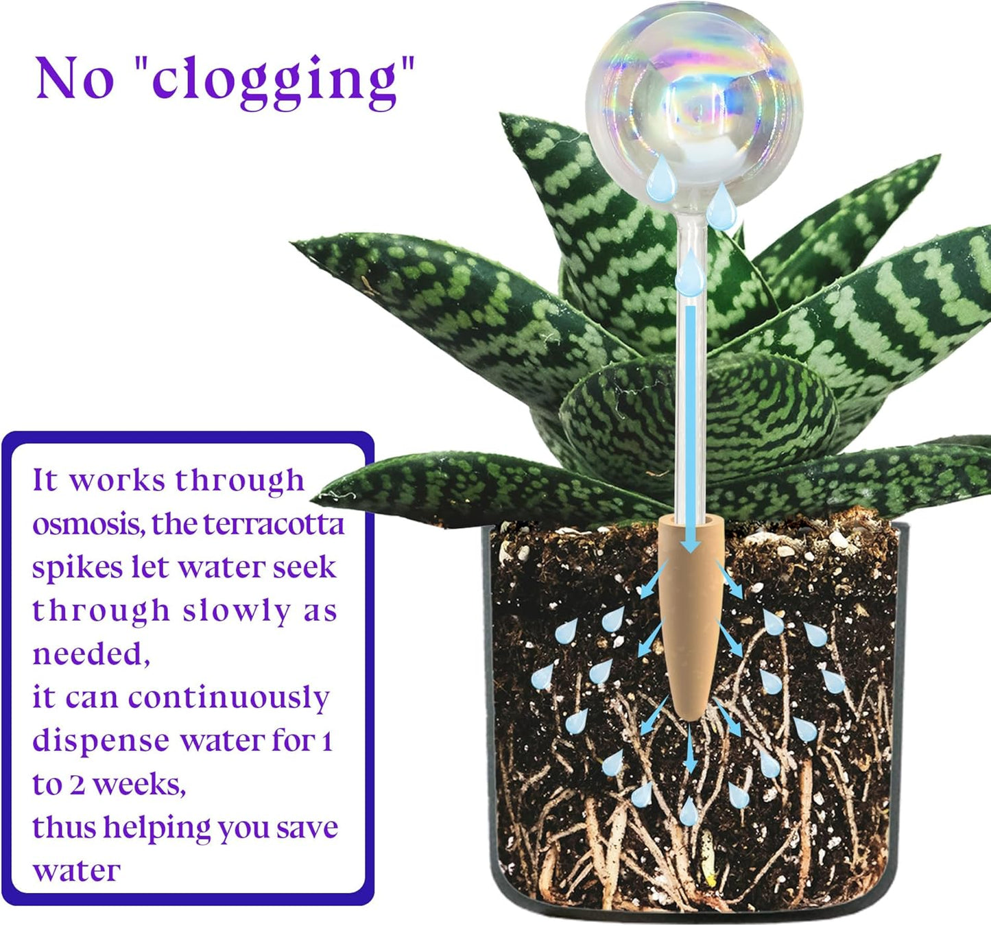 2 Pack Non-Clogging Iridescent Ball Plant Watering Globes with Terracotta Spikes, Hand Blown Glass Self Watering Planter Insert Plant Watering Devices Bulbs for Indoor and Outdoor Plants