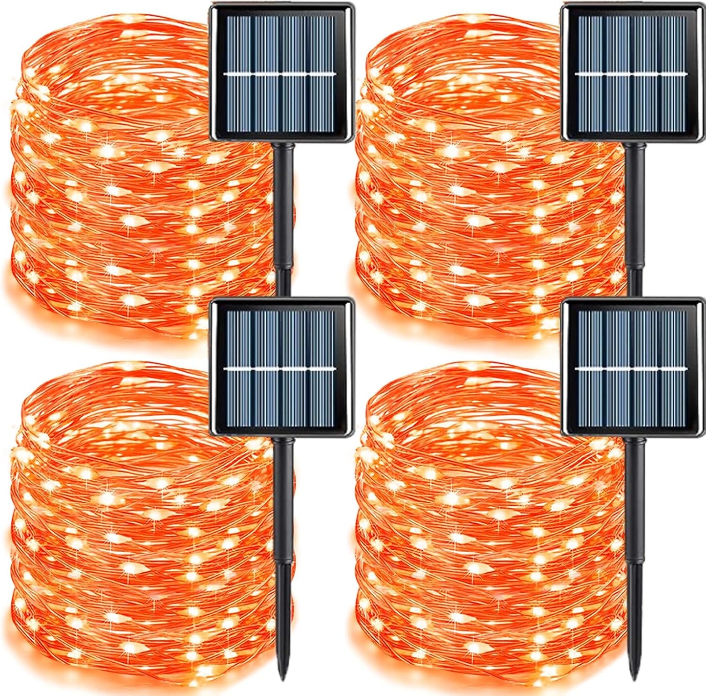 YEGUO Orange Solar Halloween Lights Outdoor Waterproof, 4 Pack Each 33ft 100 LED Solar Fairy Lights, 8 Modes Solar String Lights