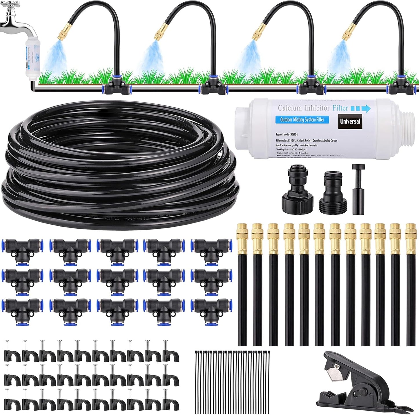 Mornajina Automatic Drip Irrigation Kits Garden Irrigation System, Includes Calcium Inhibitor Filter & 50FT 5/16 inch Irrigation Tubing Hose & 15Pcs 360° Bending Dropper Atomizing Mist Nozzles Tee