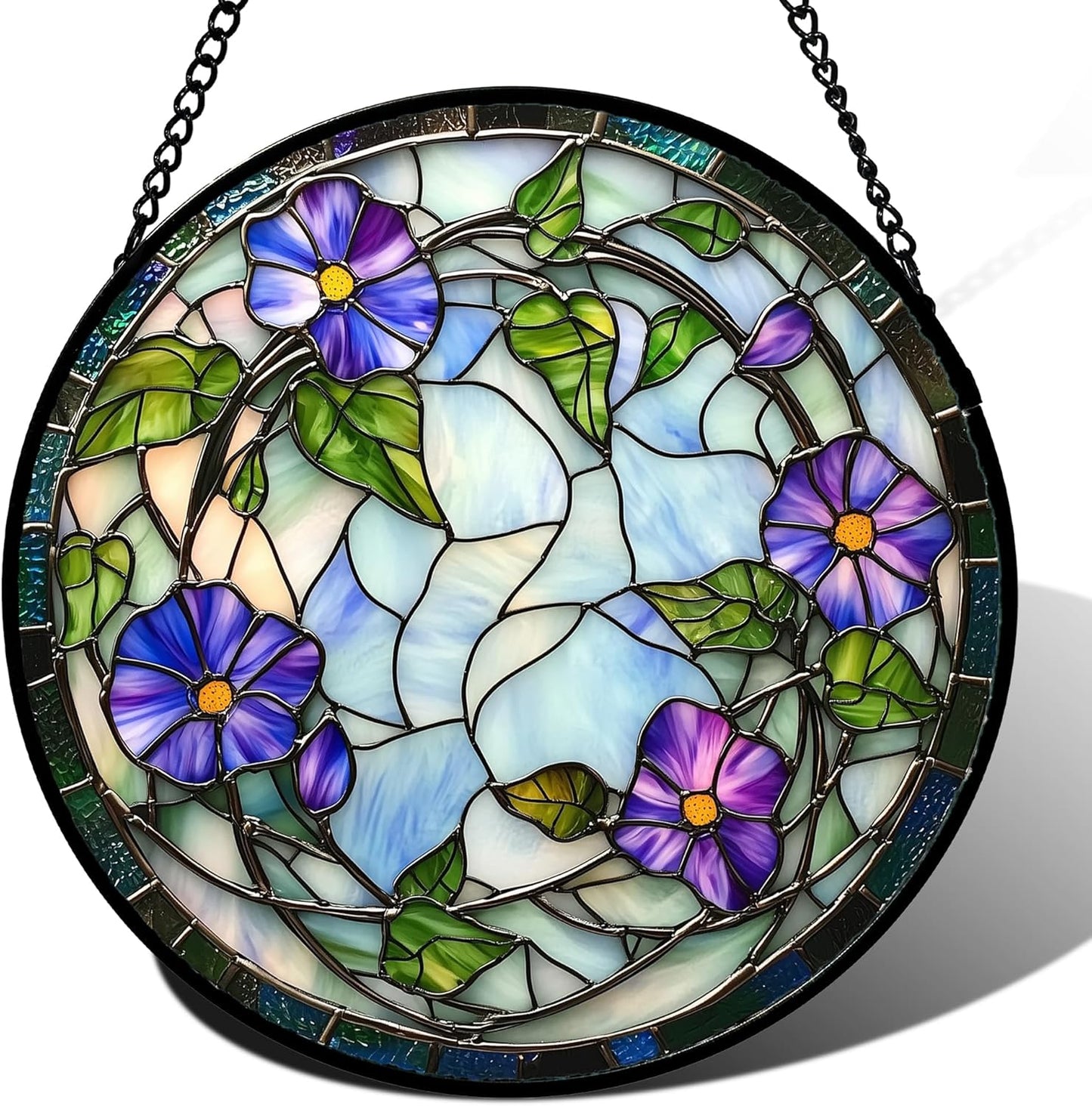 Stained Glass Window Hanging, Purple Morning Glory Flowers Suncatcher for Doors Window Home Plant Sun Catchers Decoration Mother's Day Birthday Gifts for Women, Men, and Mom 6.3x6.3 in