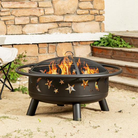 Grovelli 38" Round Wood Burning Fire Pit with Mesh Cover, Fire Poker, Star & Moon Cutouts, Metal Outdoor Firepit for Patio, Backyard, Garden, Bonfire, Camping, Christmas, Thanksgiving, Halloween