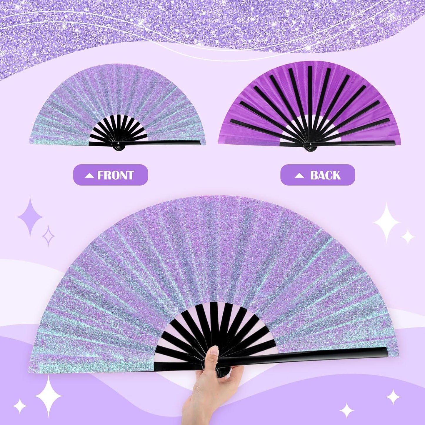 Maitys 2 Packs Large Clap Fans for Line Dancing Large Chinese Folding Hand Fans for Men and Women, Festival, Tai Ji, Kungfu, Martial Art, Gifts (Glitter Pink Purple)