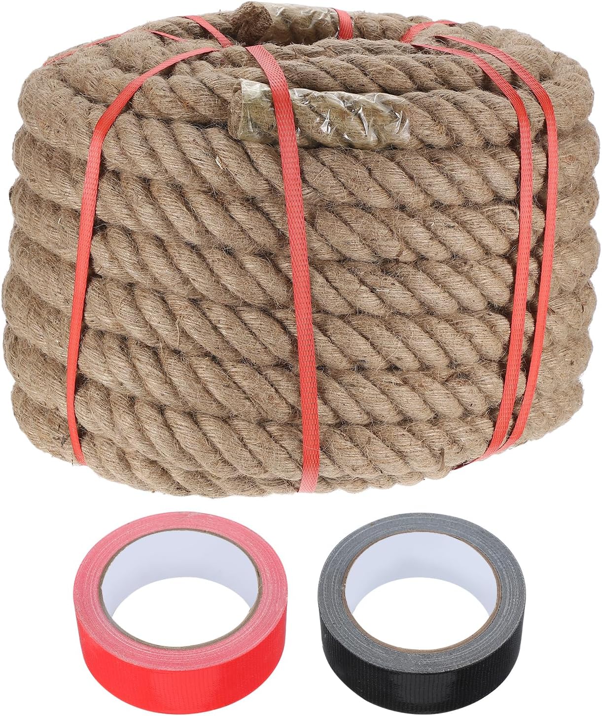 MECCANIXITY Jute Rope 1.5 Inch x 75ft, Thick Twine Rope Ropes Braided Jute Twine Natural Brown Burlap Cord String Heavy Twisted with Tapes for Decorative Crafts Railing Swing Tug of War