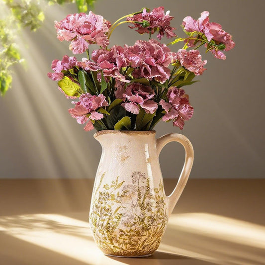 Vintage Green and Beige Ceramic Pitcher Vase with Handle, Farmhouse Floral Decorative Vase, Rustic Table Centerpiece for Home Decor, Living Room, French Country Grand Millennial Decor 8.7 in