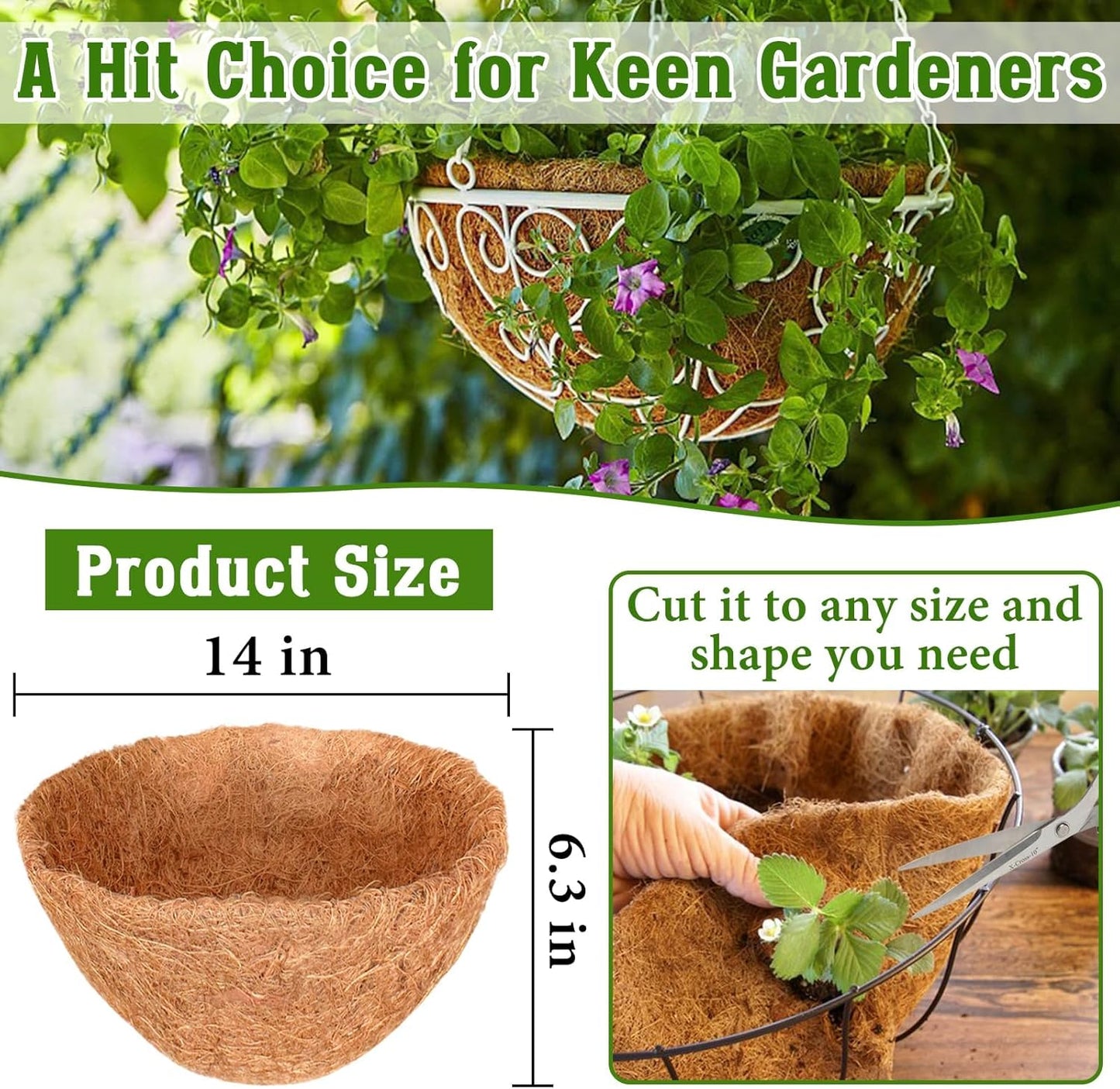 Halatool 2 PCS 14 Inch Round Coco Liners Hanging Basket 100% Natural Replacement Coconut Liners for Planters Garden Flower Pot Vegetables Herbs