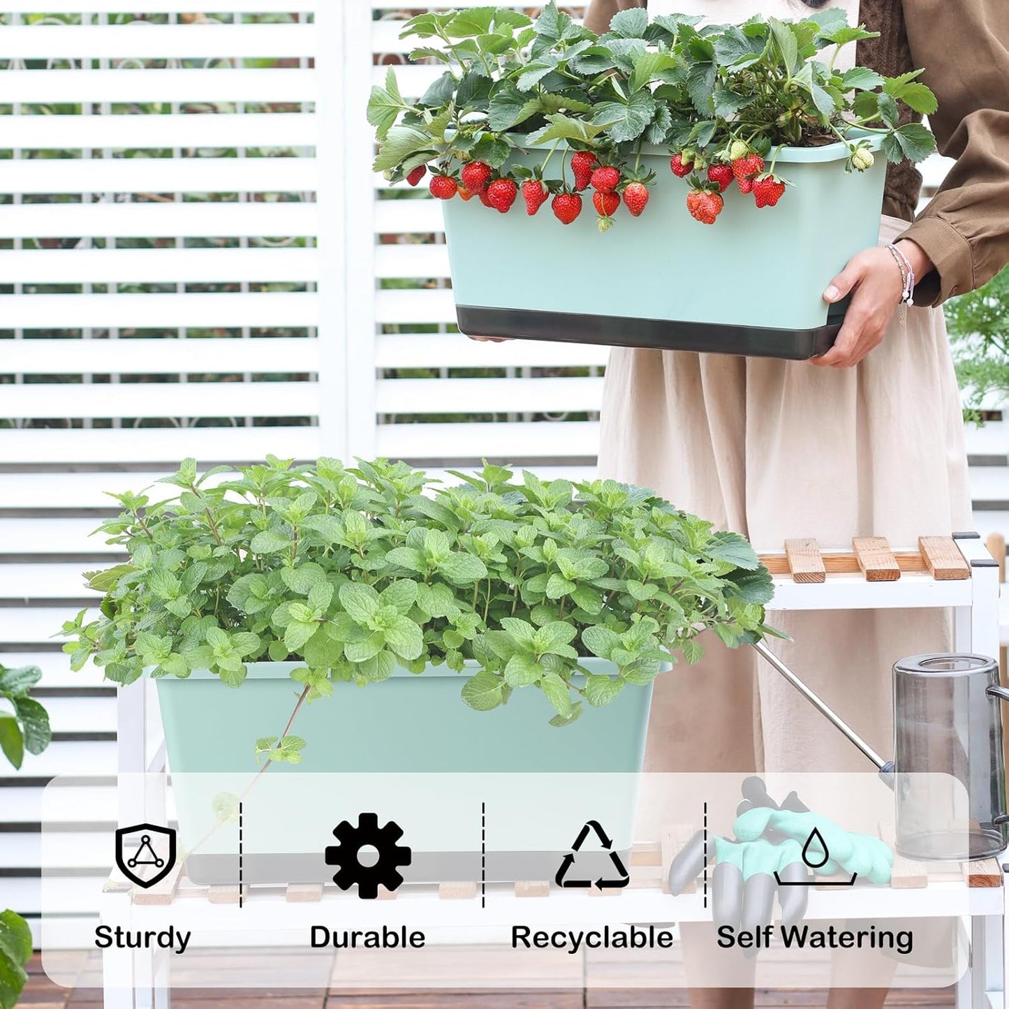 Window Box Planter 6 Pcs, 17 Inches Rectangle Flower Pots with Drainage Holes and Trays, Vegetable Planters for Windowsill Patio Garden Balcony Home Porch Yard Indoor Outdoor (Green, 17*7.4*7.8 inch)