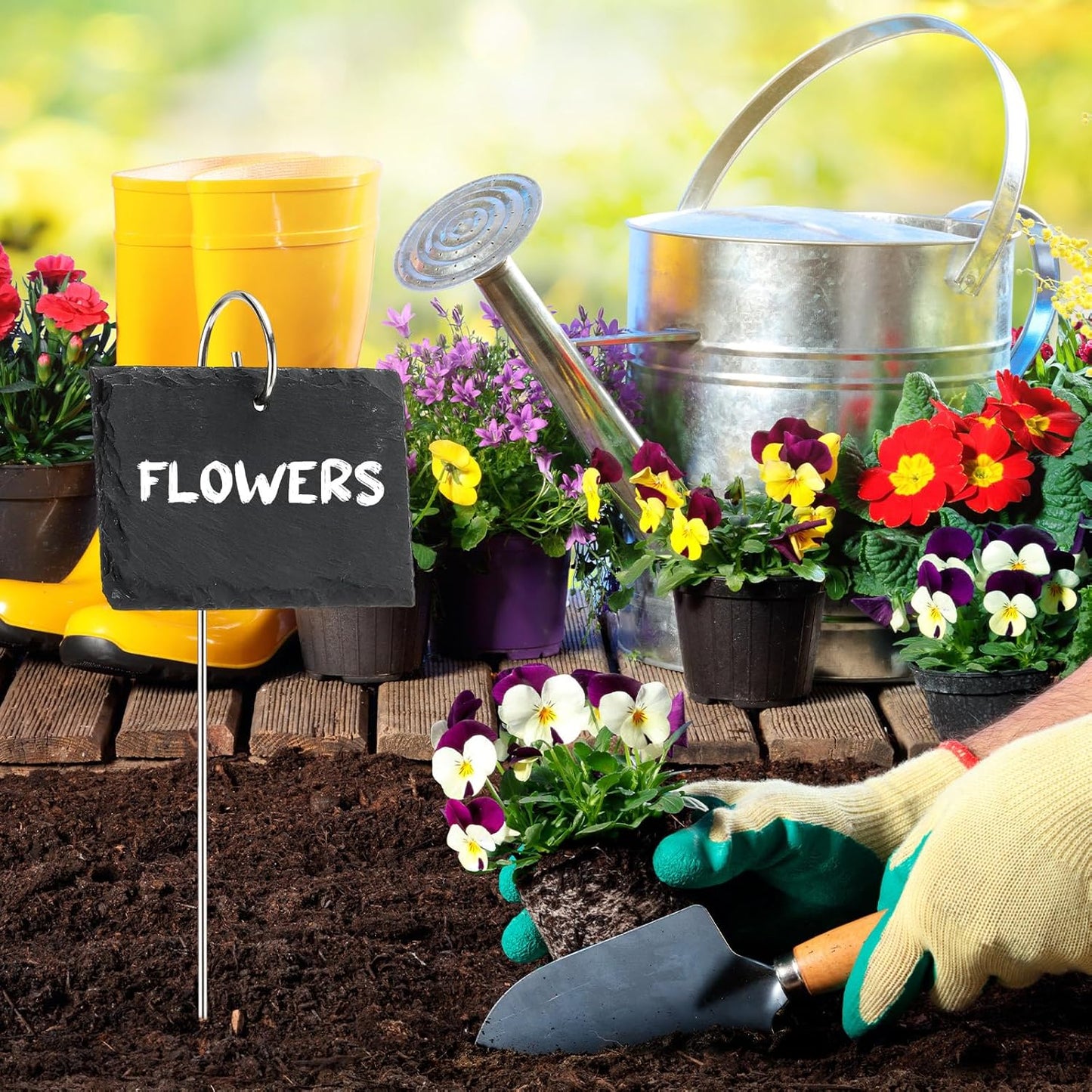 12 Sets Plant Labels Slate Plant Tags Garden Sign Marker Weatherproof Reusable Natural Slate Garden Sign Hanging Tag with Metal Stake and Pen for Outdoor Flower Vegetable(Rectangle)