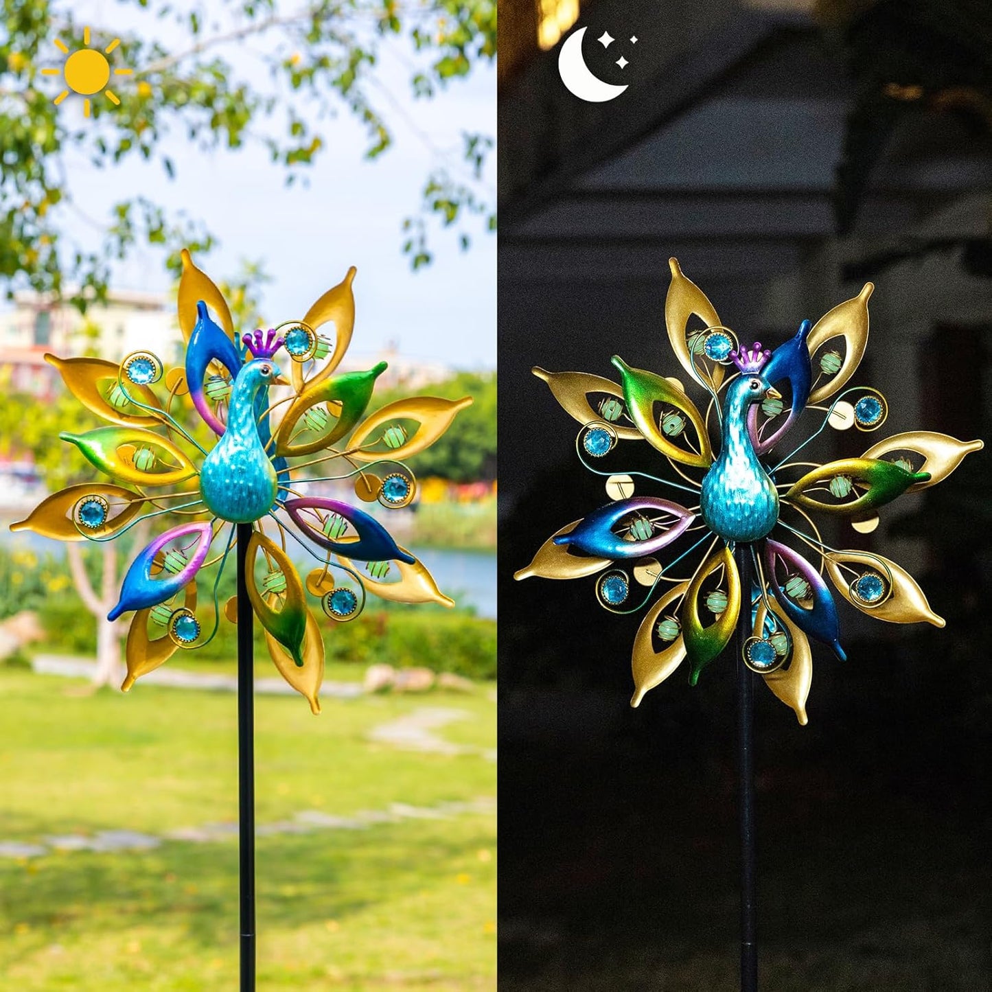 DREAMYSOUL Outdoor Peacock Wind Spinners with Gem Decor, 13" D*65" H Double Sided Kinetic Wind Sculptures & Spinners, Metal Wind Spinners for Yard and Garden