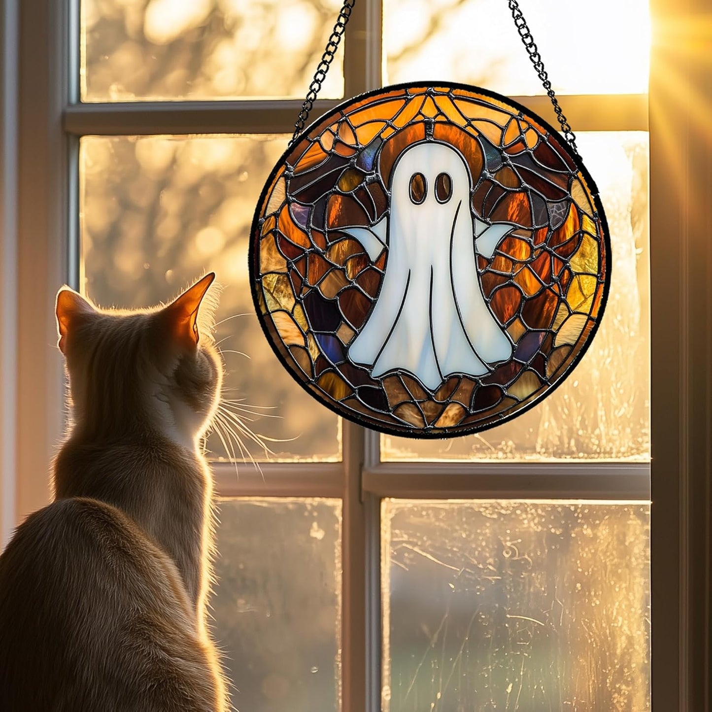 Stained Glass Window Hanging Halloween White Horror Ghost 9.8" - Suncatcher Door Garden Kitchen Sun Catcher Home Gothic Decor Birthday for Mom Men Woman Friend Grandma