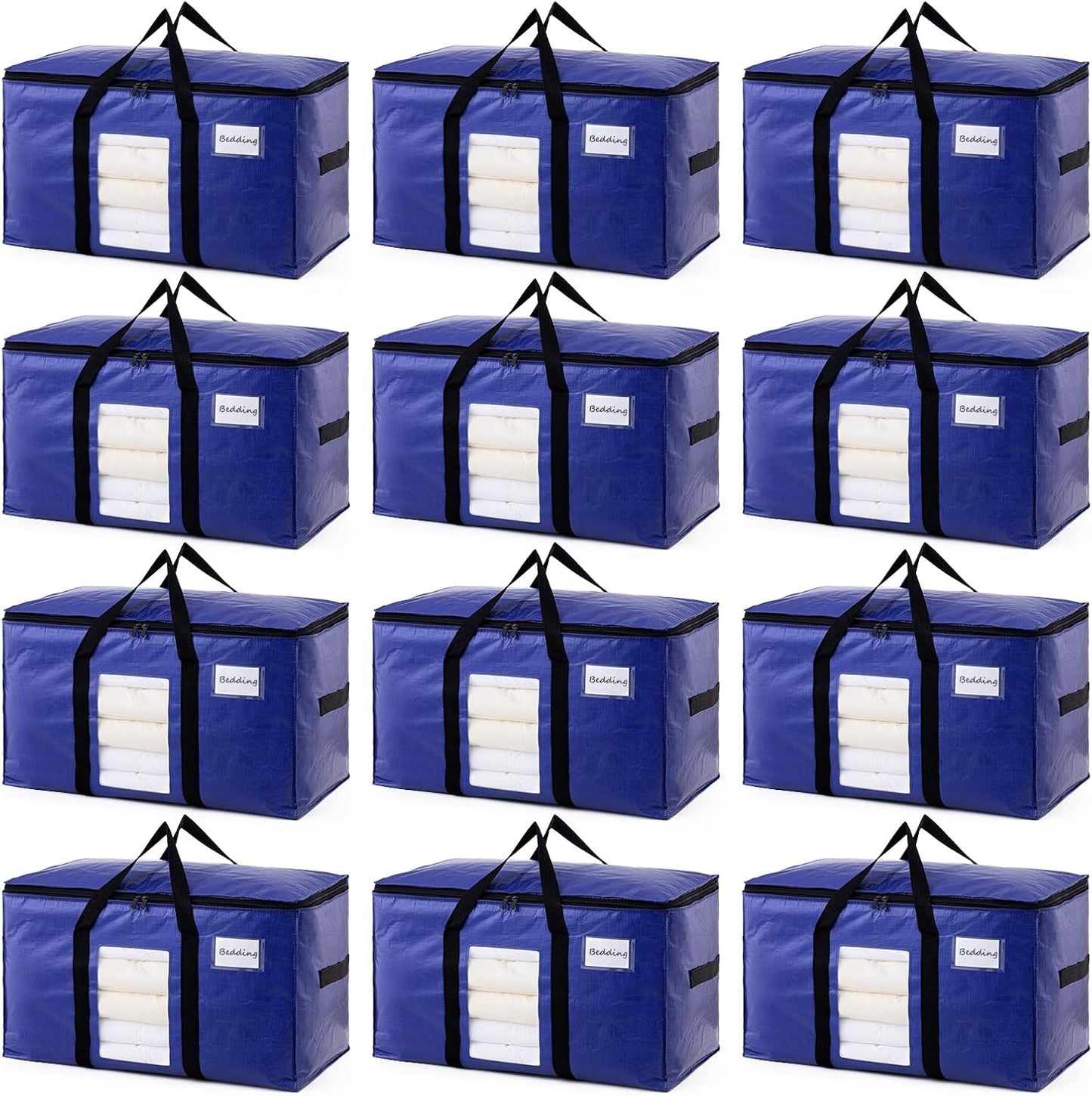 TAILI 12 Pack Dark Blue Extra Large Moving Bags, Heavy Duty Totes with Visible Window, Wrap Around Handles, Great for Space-Saving
