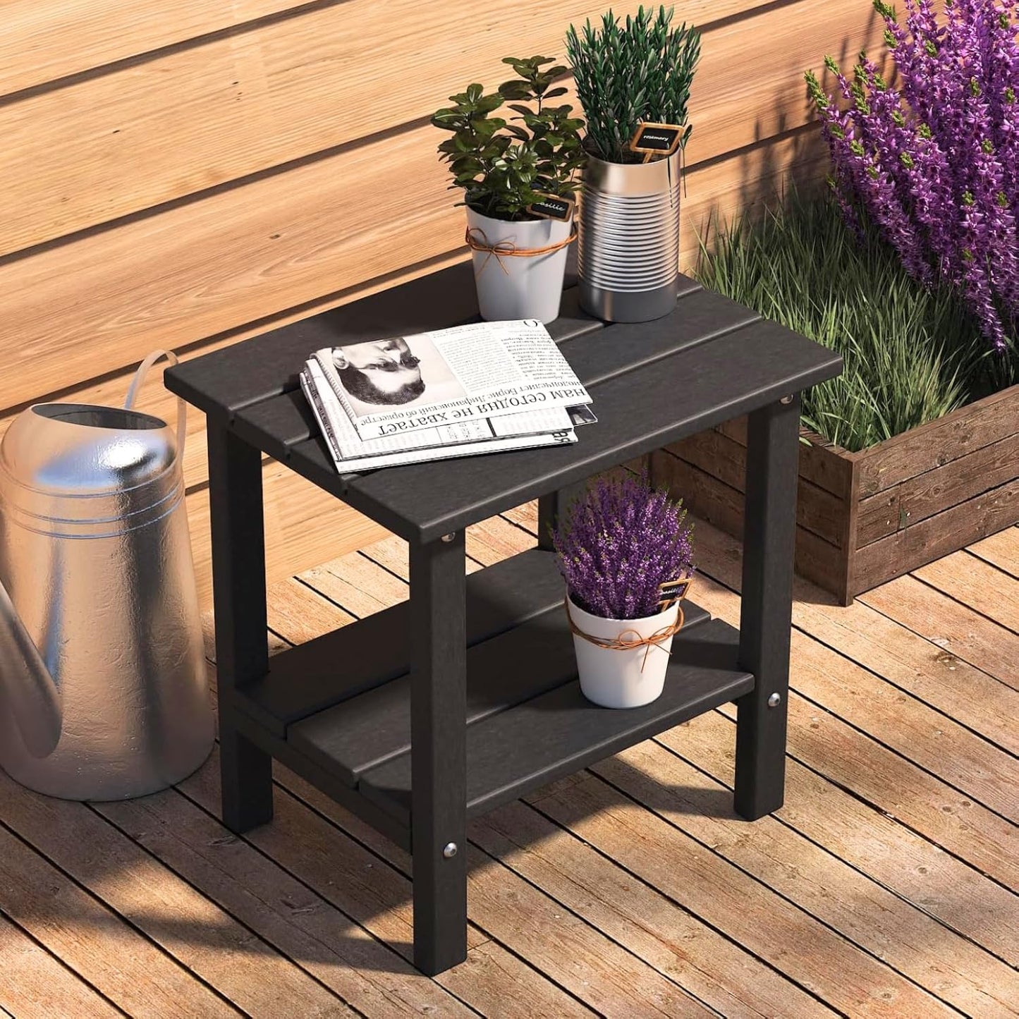 Weather Resistant Outdoor Side Table, Adirondack HDPE Small Outdoor Table, 2-Tier Small Patio Tables for Outside or Indoor, Black