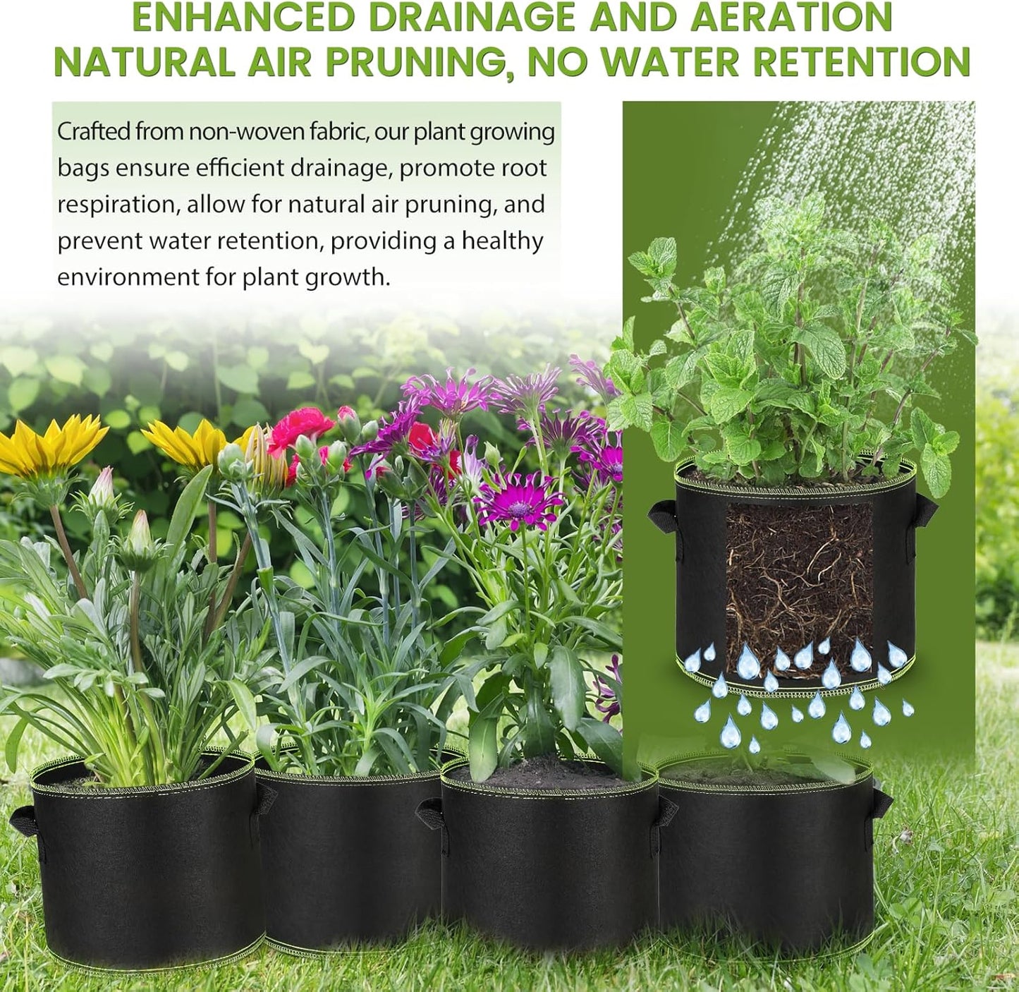 Grow Bags 10Pcs Heavy Duty 300G Fabric Pots for Plants,Thickened Nonwoven Garden Bags to Grow Vegetables,Large Nursery Pots,Tomato Grow Bags with Handles, Green Line Border (10 Gallons)