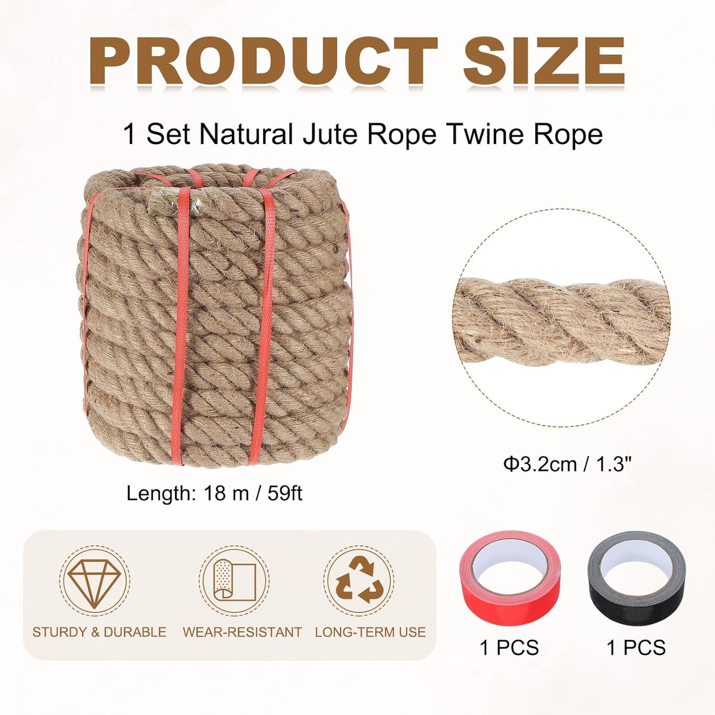 MECCANIXITY Jute Rope 1.3 Inch x 59ft, Thick Twine Rope Ropes Braided Jute Twine Natural Brown Burlap Cord String Heavy Twisted with Tapes for Decorative Crafts Railing Swing Tug of War