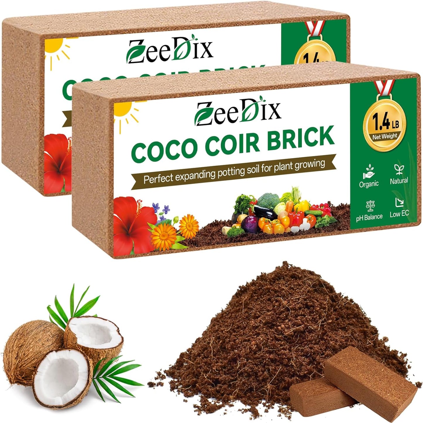 ZeeDix 2 Pcs Coco Coir Brick for Plants- 100% Organic Coconut Coir for Garden Soil & Potting Mix, Low EC and pH Balance, Compressed Coconut Husk Fiber for Seed Starter Soil for Indoor Outdoor Plants