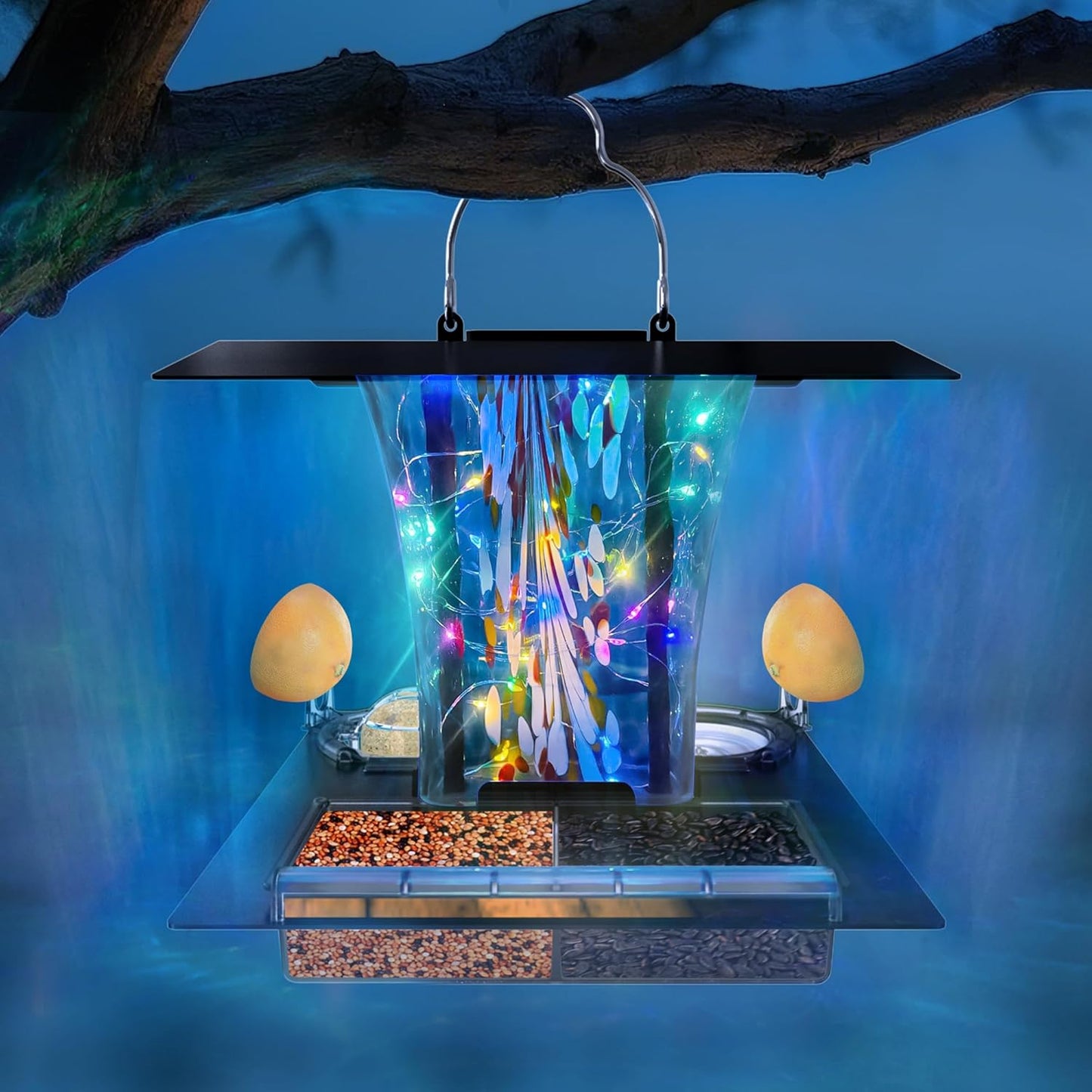 LUJII 6-in-1 Solar Bird Feeder with RGB String Lights, Hand Blown Glass, 2 Removable Trays for Bird Seed, Suet Ball, Mealworm, Oriole Orange Fruit, Jelly or Water, Teal